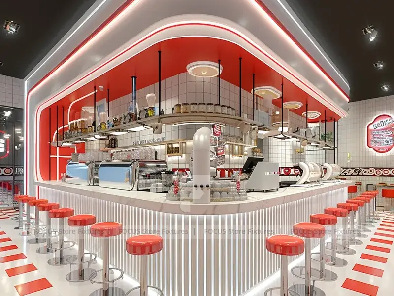 Desert Counter Design Red White Arch Dessert Beverage Counter
