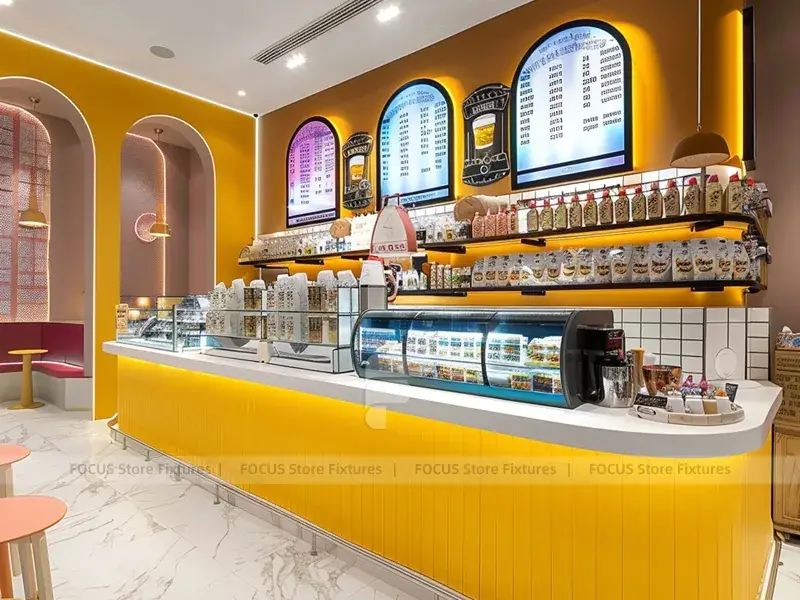 Yellow Arch Beverage Counter With Display Case