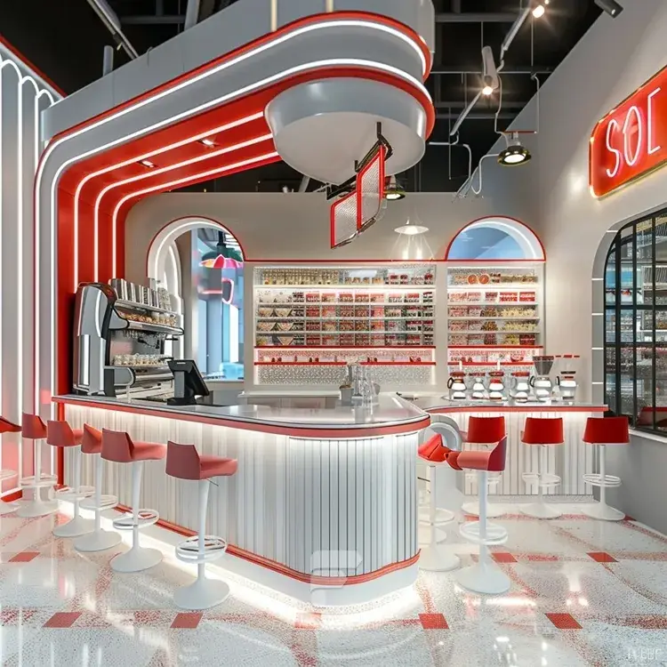 Desert Counter Design Red White Dessert Beverage Wall Counter