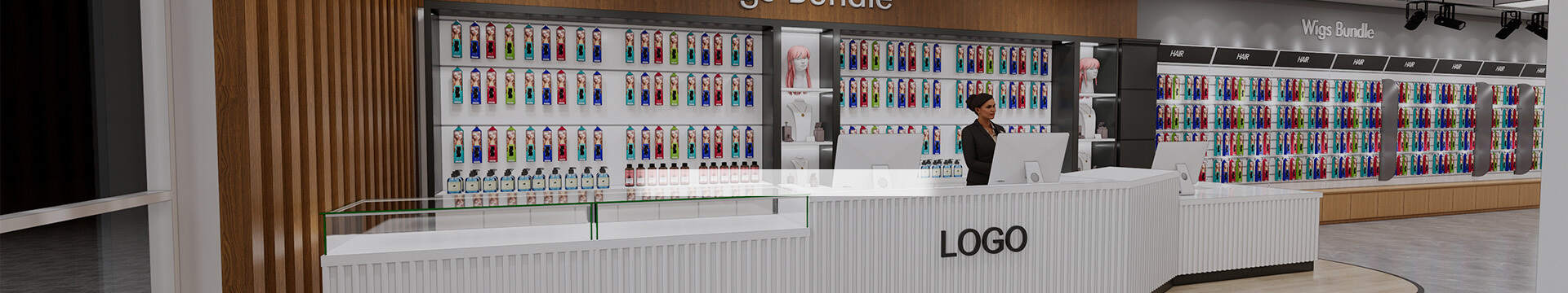 White and Blue Glass Showcase Gondola Display