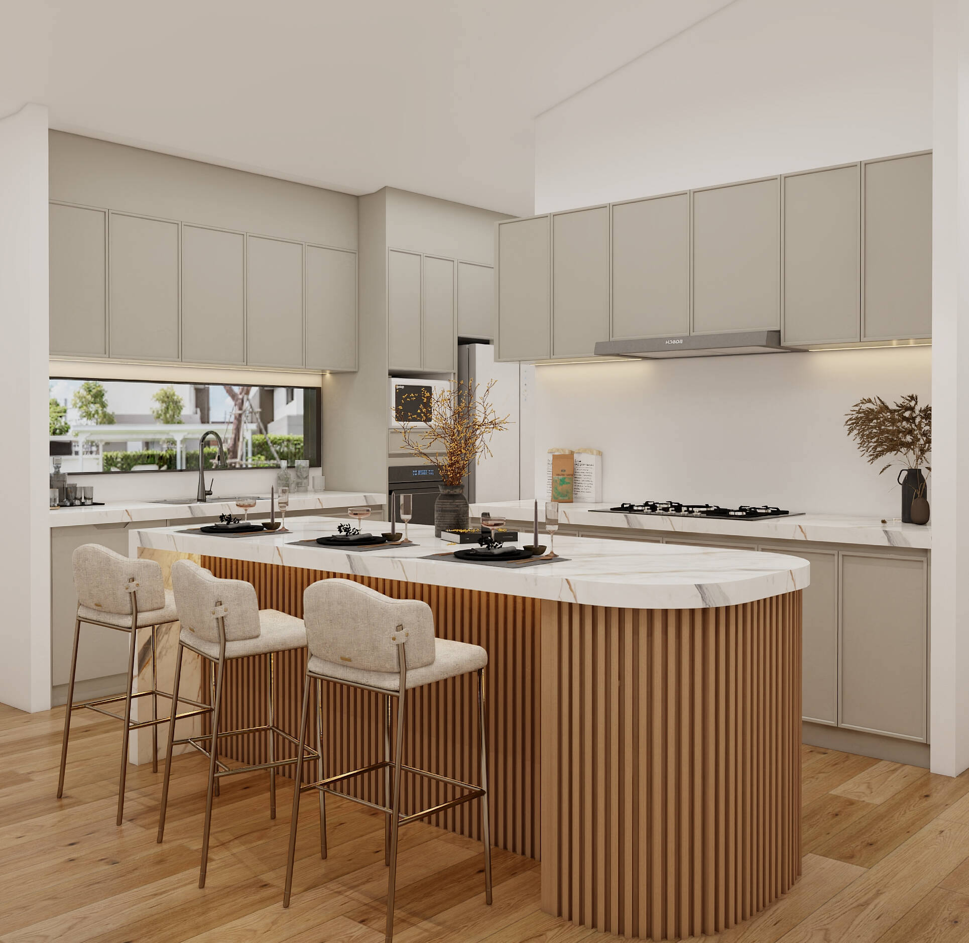 Flutted Dark Grey Lacquer Kitchen Cabinet with Island