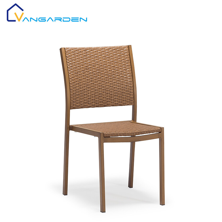 Indoor Outdoor French Wood Finish Wicker Rattan Back Woven Dining Chair Arms