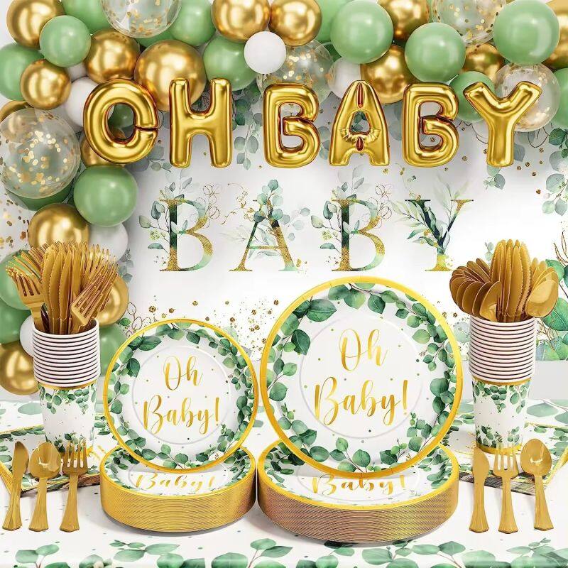 Sage green baby shower party supplies sets