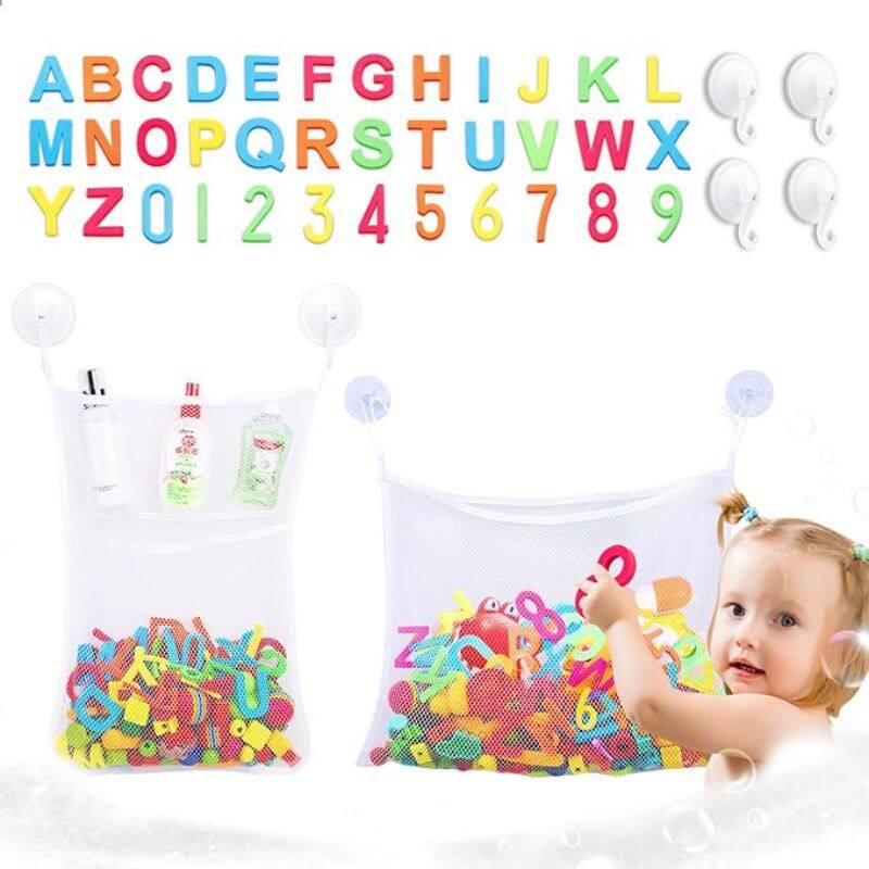 2 x Mesh Bath Toy Organizer with 6 Ultra Strong Hooks, 36 Foam Bath Letters & Numbers