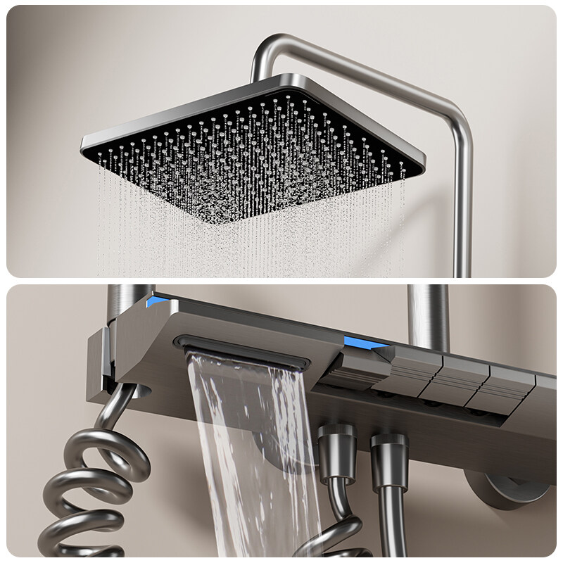 new piano rainfall digital shower system  supplier, luxury space aluminum shower set company, solid aluminum handheld shower set oem, thermostatic 4-gear rainfall shower kit export, thermostatic 4-gear rainfall shower kit china