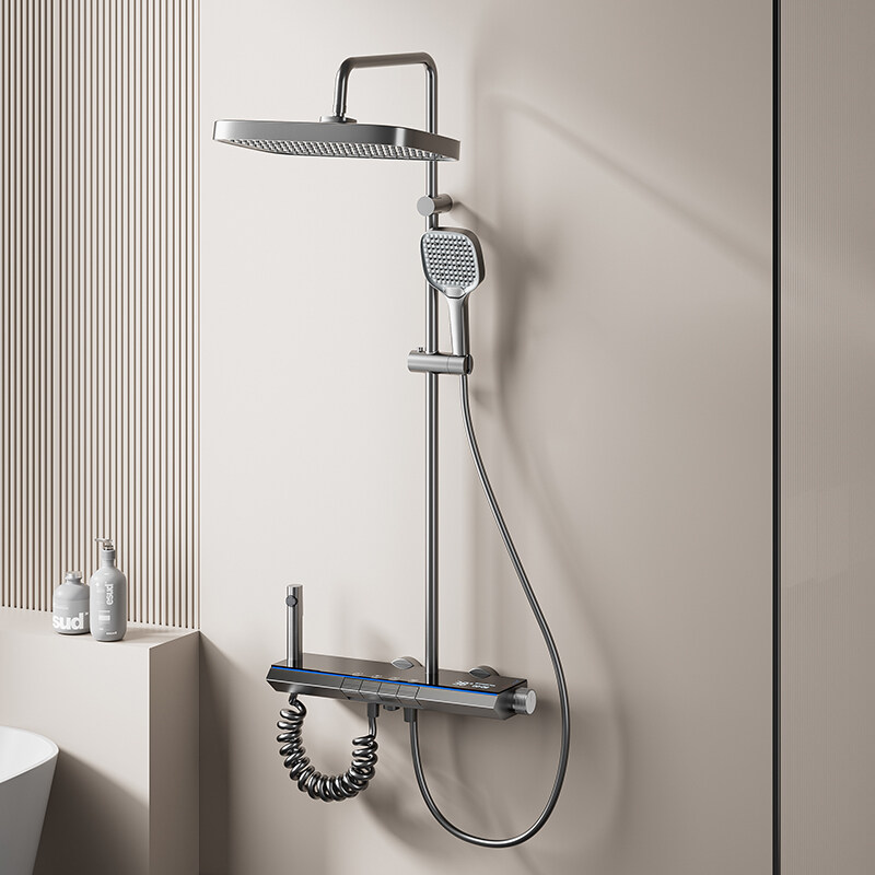 Multi-Function Grey Metal Wall-Mounted Shower Set with Copper Waterway