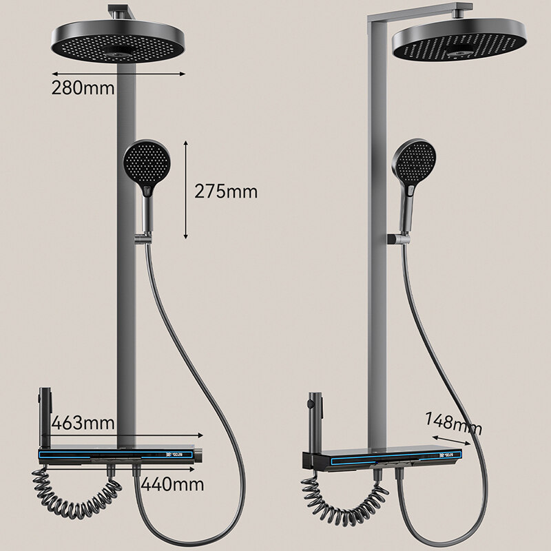 Grey Space Aluminum Shower Set, 4-Function LED Shower Set, Temperature Display Shower Set, Smart Four-Function Shower Set, New Piano Rainfall Digital Shower System