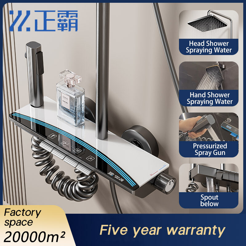 Multi-function luxury shower set for hotels, Cold and hot water mixer faucet distributor, Waterfall design shower set manufacturer, Temperature control multi-function shower system, High-quality thermostatic rain shower for builders