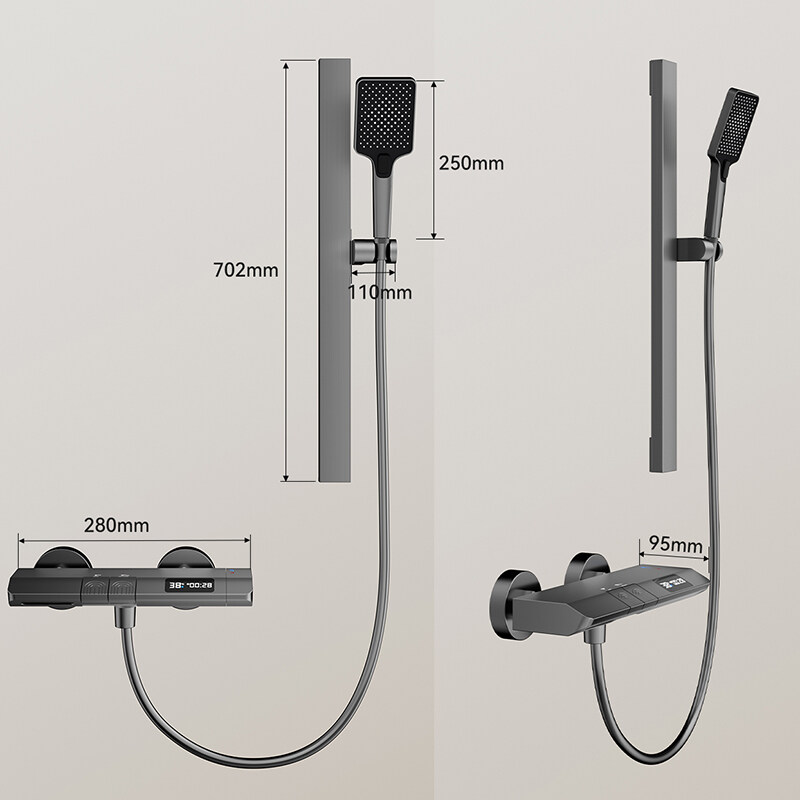 Digital thermostatic rainfall shower system for construction, Thermostatic shower set supplier, New waterfall shower system for home builders, Single-function square tube aluminum shower set, Basic constant temperature shower set for hotels