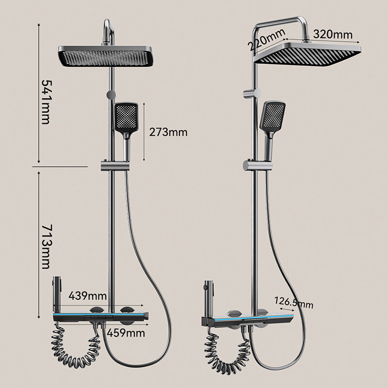 Unique multifunction metal shower set wholesale, Space aluminum rainfall shower set exporter, Thermostatic bathtub mixer faucet set manufacturer, Luxury three-function shower set supplier