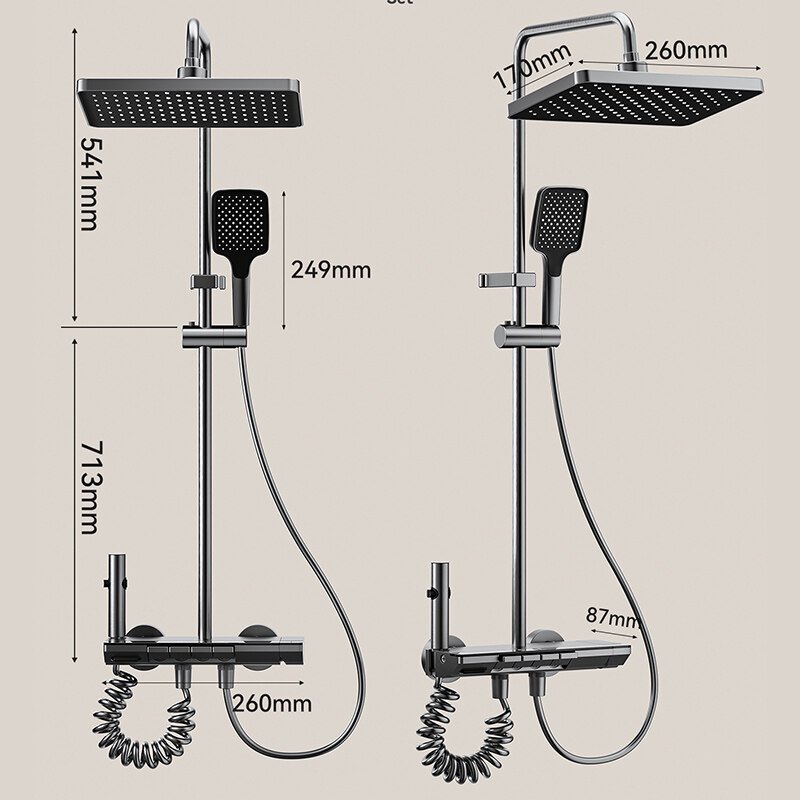 Digital thermostatic rainfall shower system for construction, Thermostatic shower set supplier, New waterfall shower system for home builders, Single-function square tube aluminum shower set, Basic constant temperature shower set for hotels