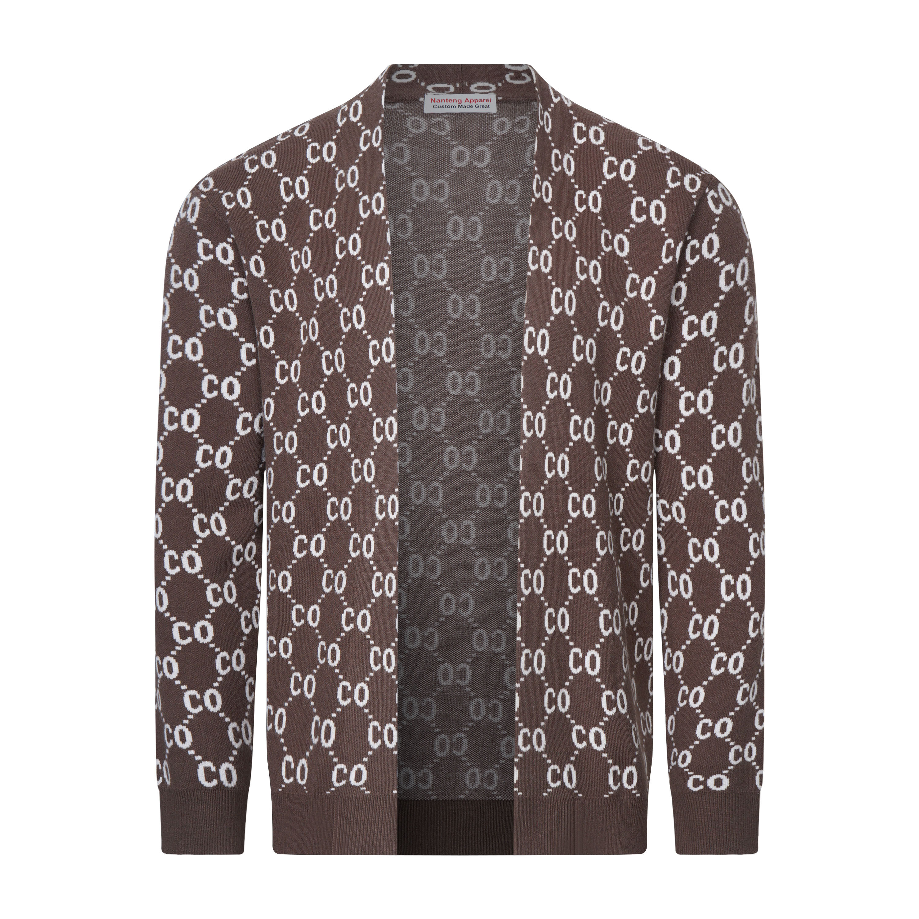 Custom Winter Loose Long Sleeve Super Fine Knit Full Logo Argyle Jacquard Woollen Men Cardigan Sweater