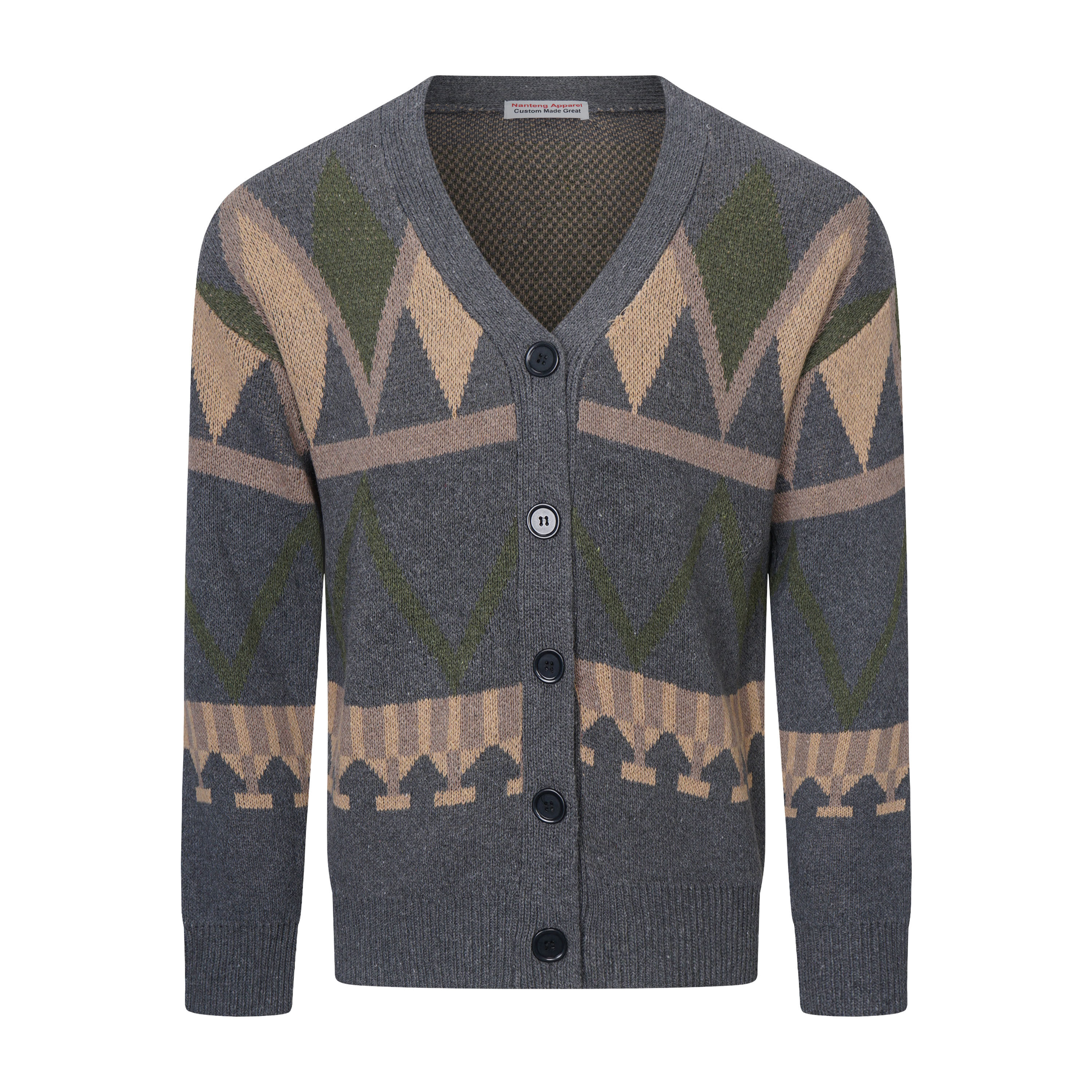 Custom High Quality Autumn And Winter Ethnic Color Blocking Geometric Jacquard Wool Blend Men Cardigan Sweater