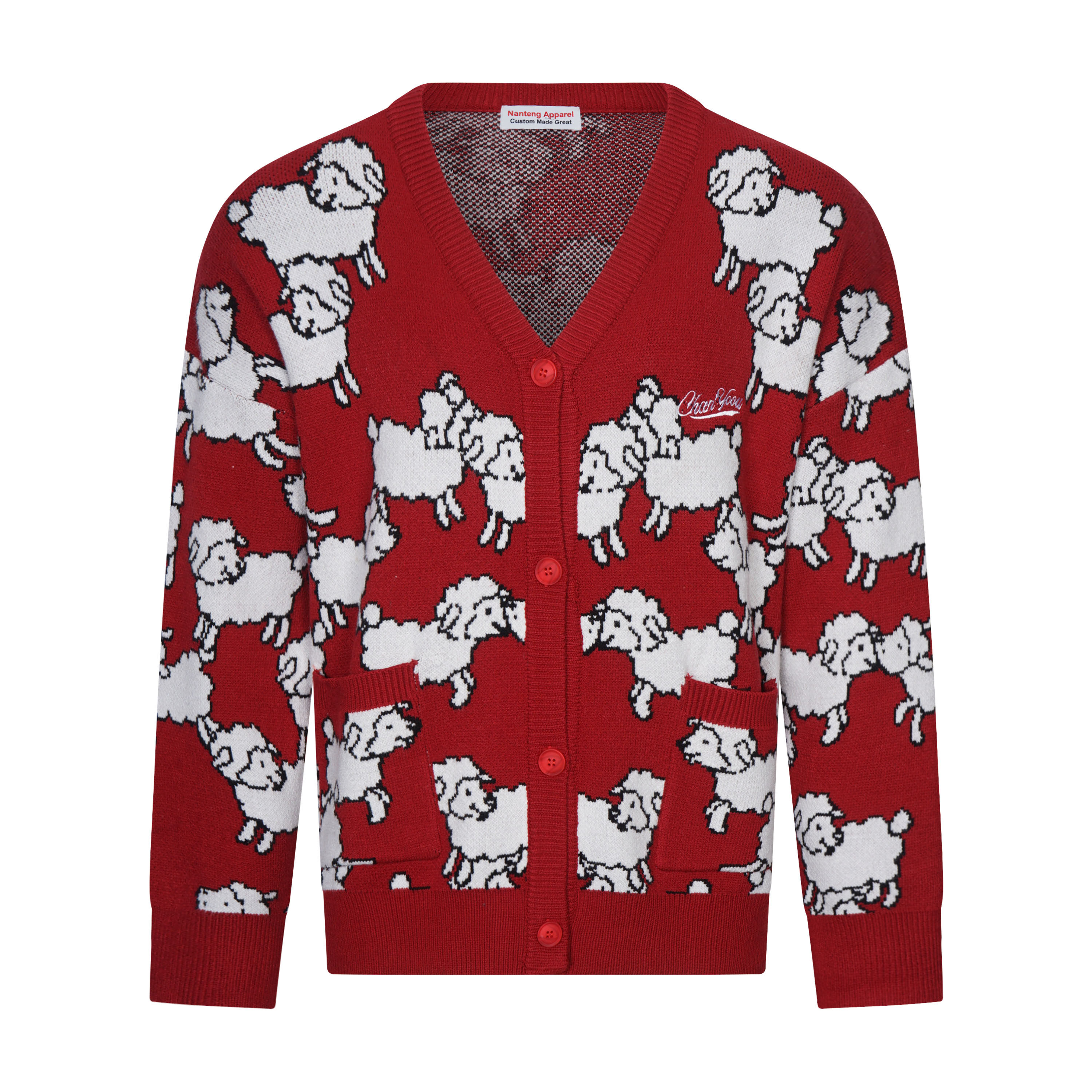 Custom Autumn Luxuriant V-Neck Sheep Pattern Jacquard With Front Pocket Heavy Weight Fabric Men Cardigan Sweater