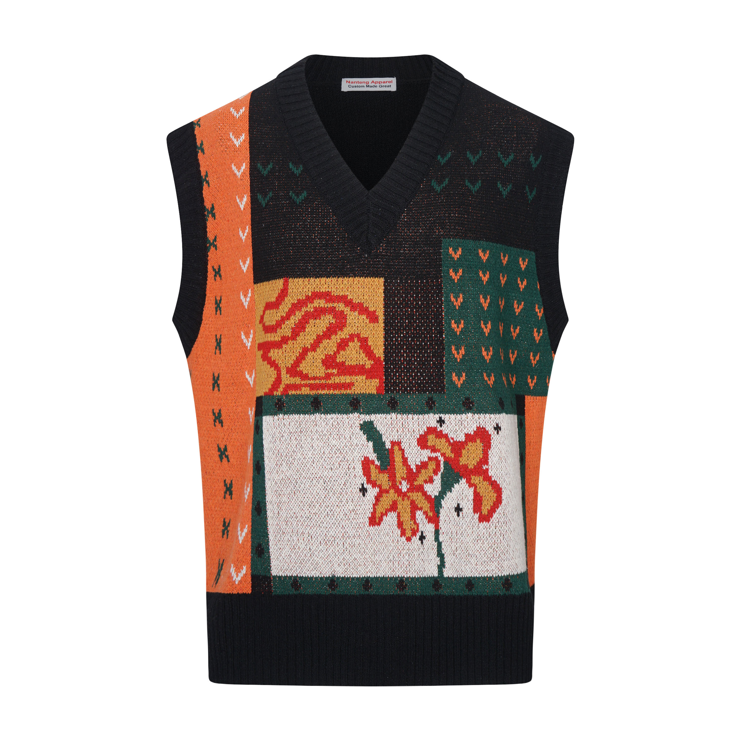 Custom Casual Loose V Neck Sleeveless Colorful Jacquard Woollen Men Vest Sweater