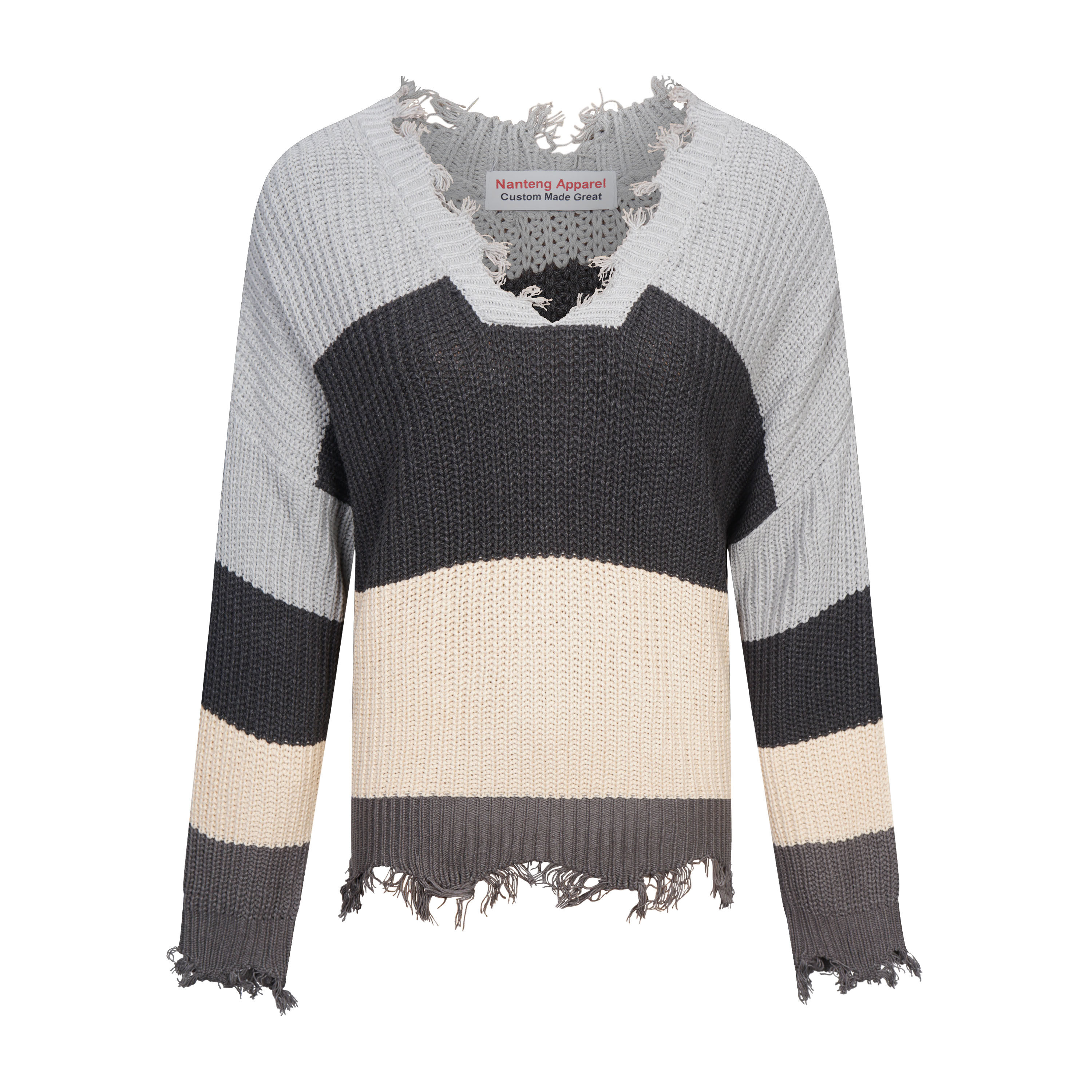 Custom Winter Modest V-Neck Long Sleeve Irregularity Striped Rip Ragged 100%Cotton Women Pullover Sweater