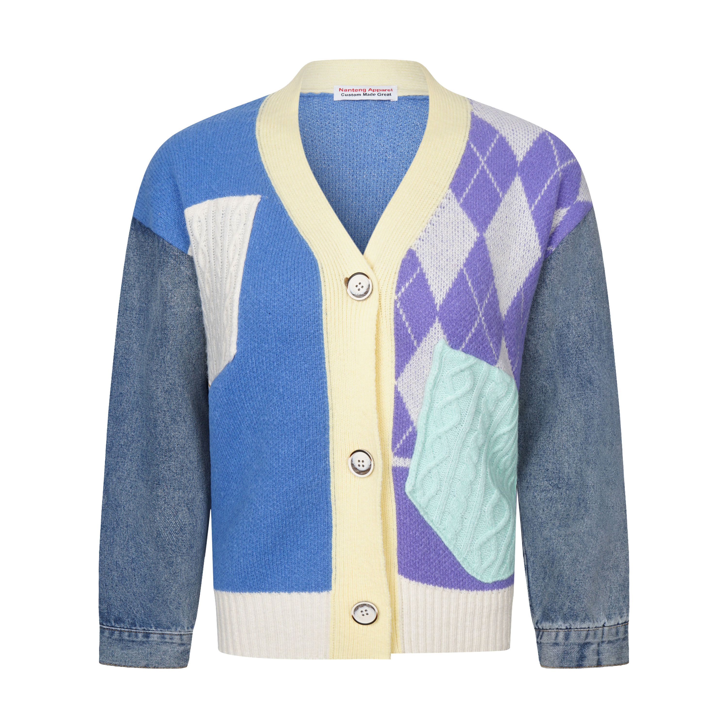 Custom ODM Autumn And Winter Trendy Front Pocket Denim Splicing Hit Color Argyle Thick Women Cardigan Sweater