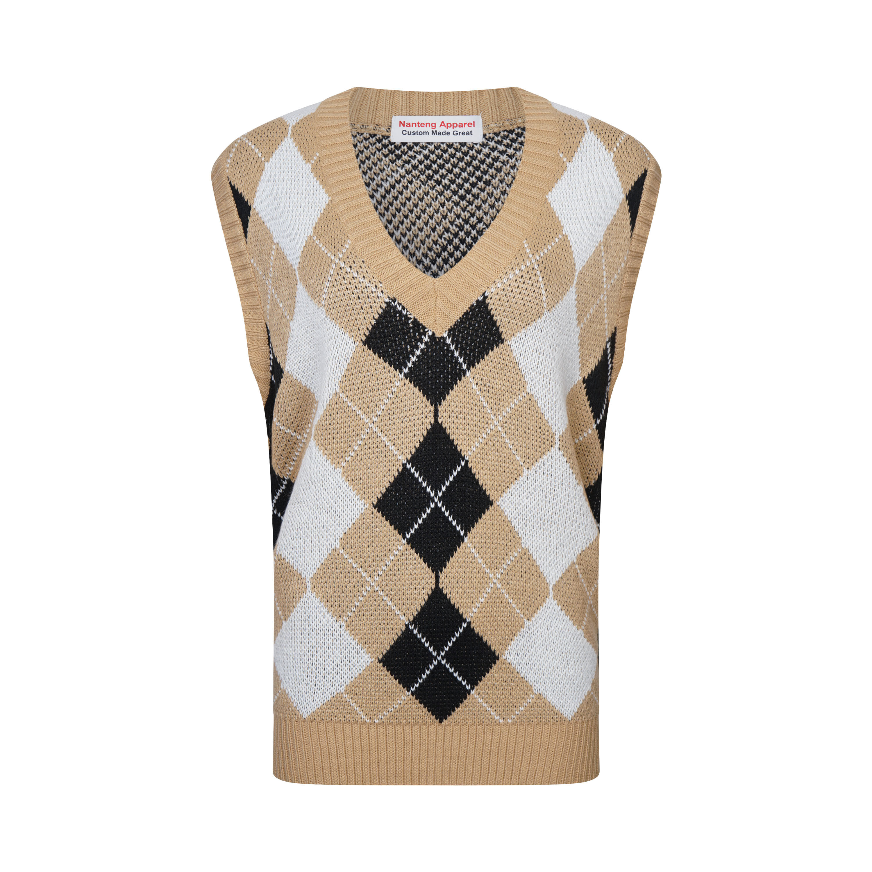 Custom Autumn Preppy Chic V-Neck Sleeveless Rhombic Pattern Jacquard Quick Dry Women Vest Sweater