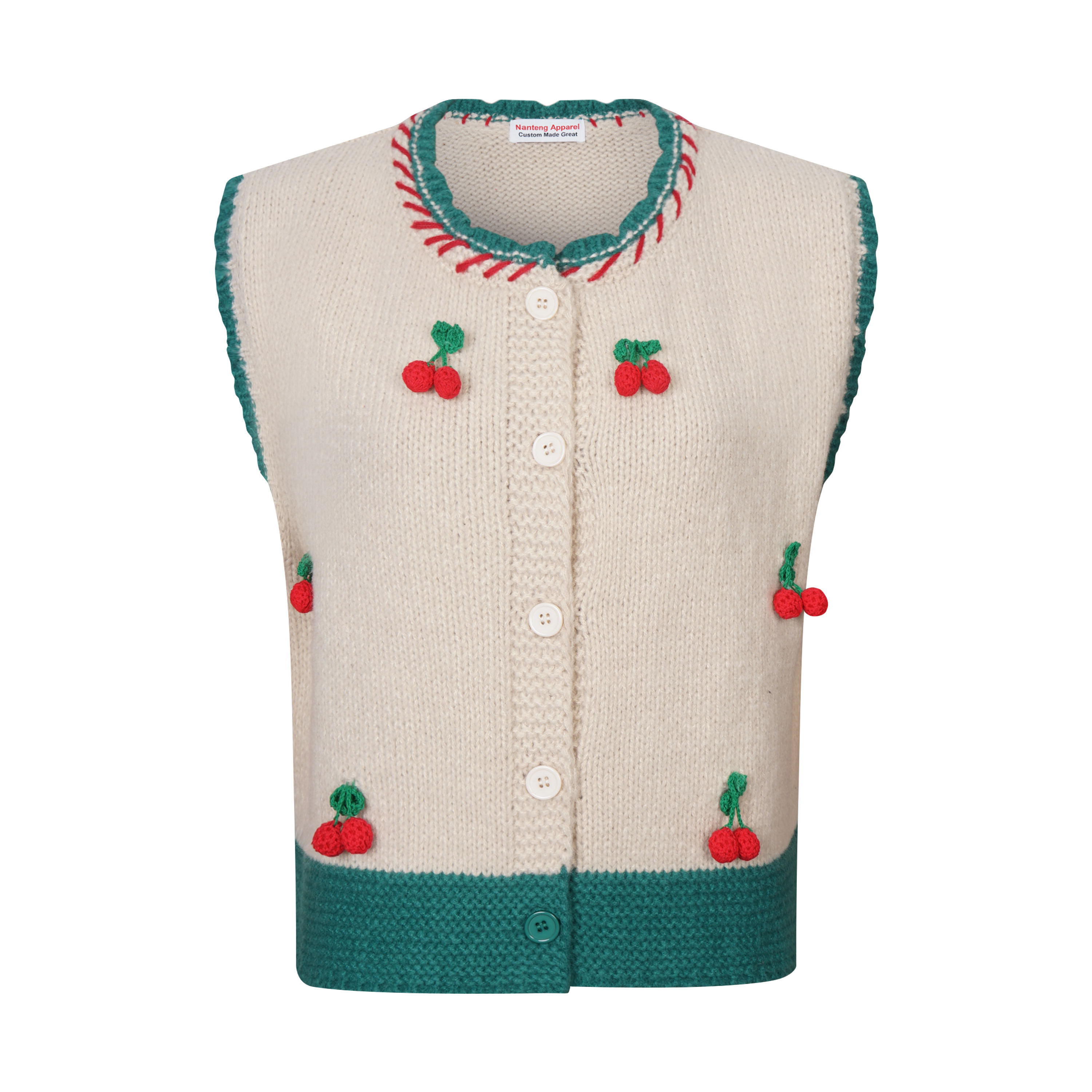 Custom Manufacturer Lovely Button Cardigan Crew Neck Hand Driven Cherry Crochet Acrylic Women Vest Sweater