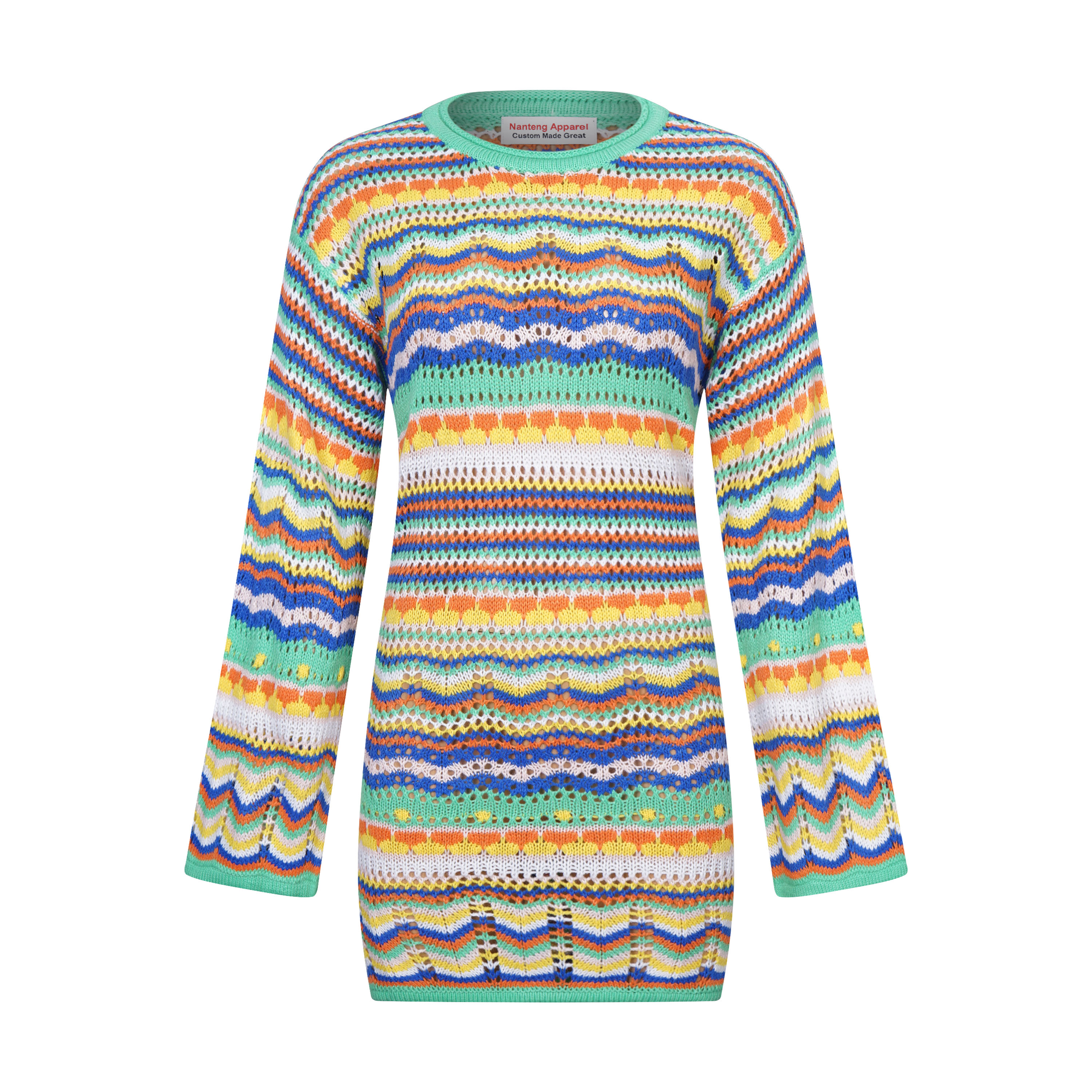 Custom High Quality Modest Pullover Drop Shoulder Rainbow Stripes Hollow Out Crochet Vacation Women Sweater Dress