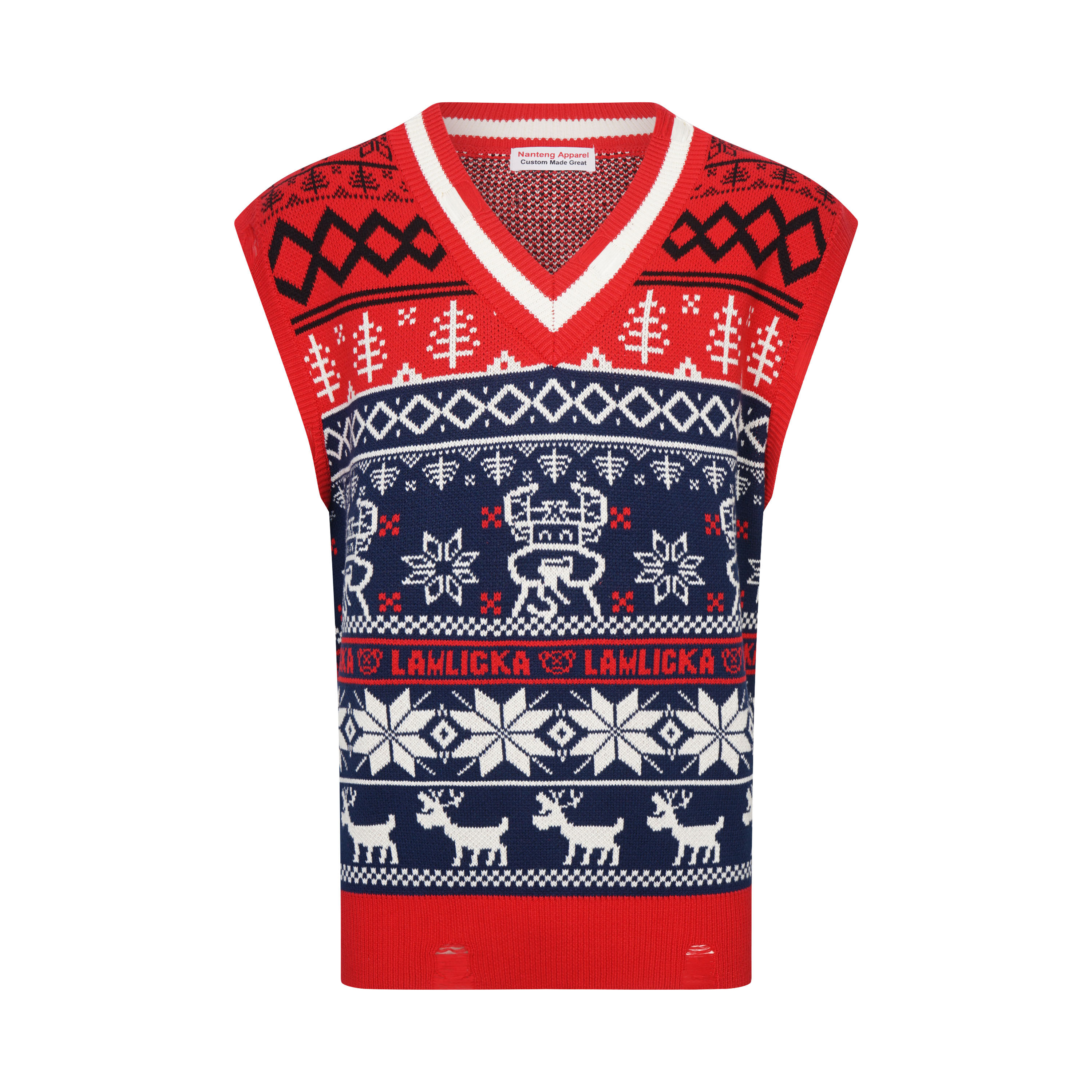 Custom Design Festive Clothing V Neckline Contrasting Lines Reindeer Snowflake Zigzag Pattern Cotton Men Vest Christmas Sweater