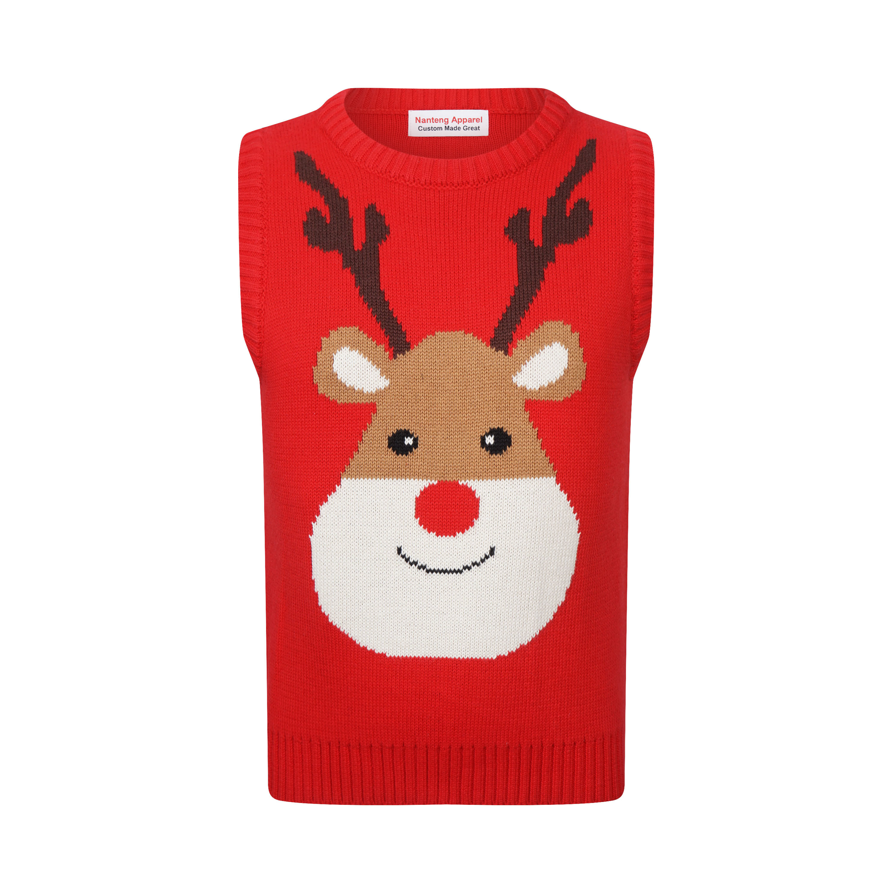 Custom High Quality Funny Holiday Parent-Child Rib Pullover Reindeer Cartoon Pattern Soft Knit Unisex Vest Christmas Sweater