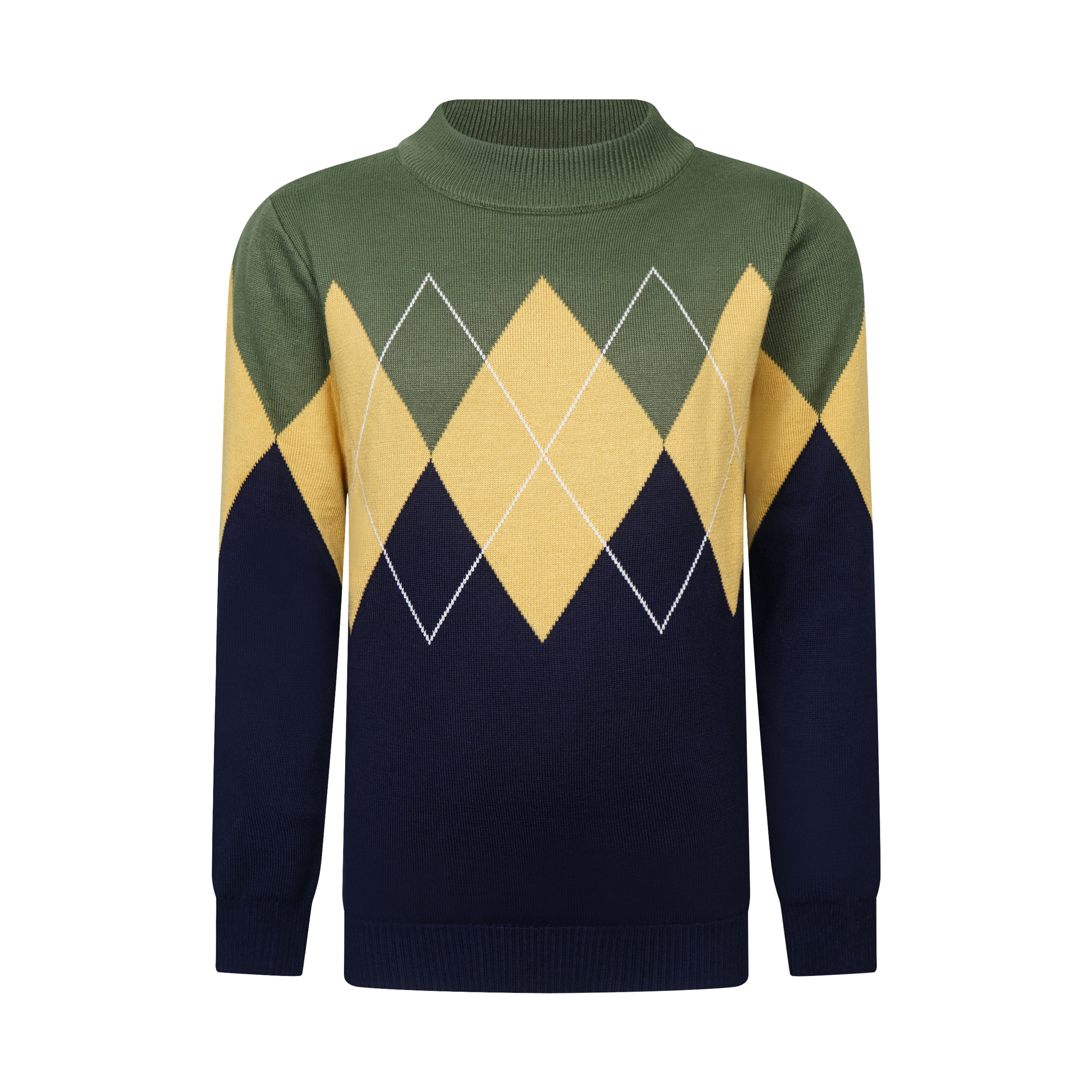 Custom OEM Neutral Casual O-Neck Long Sleeve Argyle Geometric Jacquard Wool Blend Kids Pullover Sweater