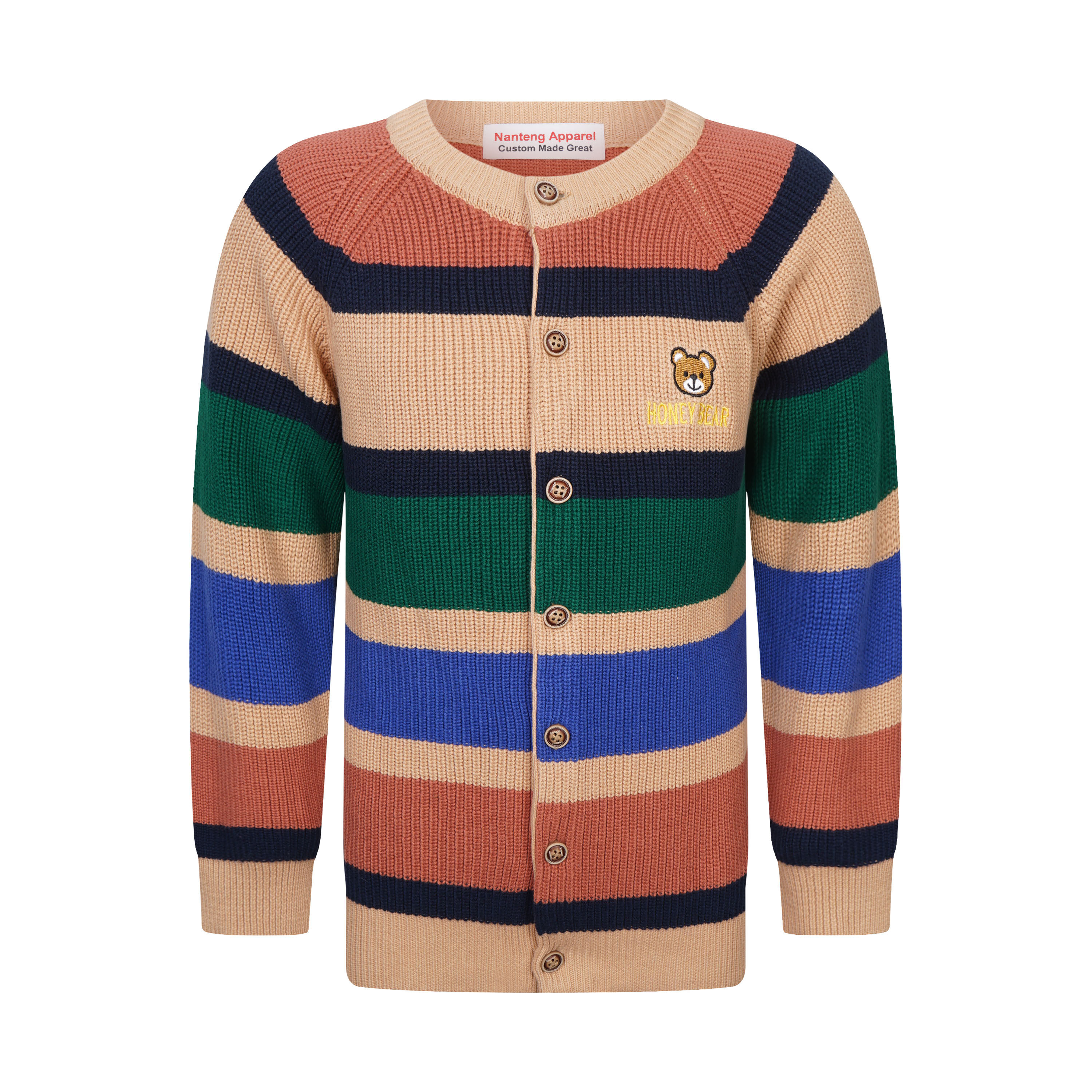 Custom Manufacturer Baby Coat Long Sleeve Bear Embroidery Color Stripes Wool Blend Kids Cardigan Sweater
