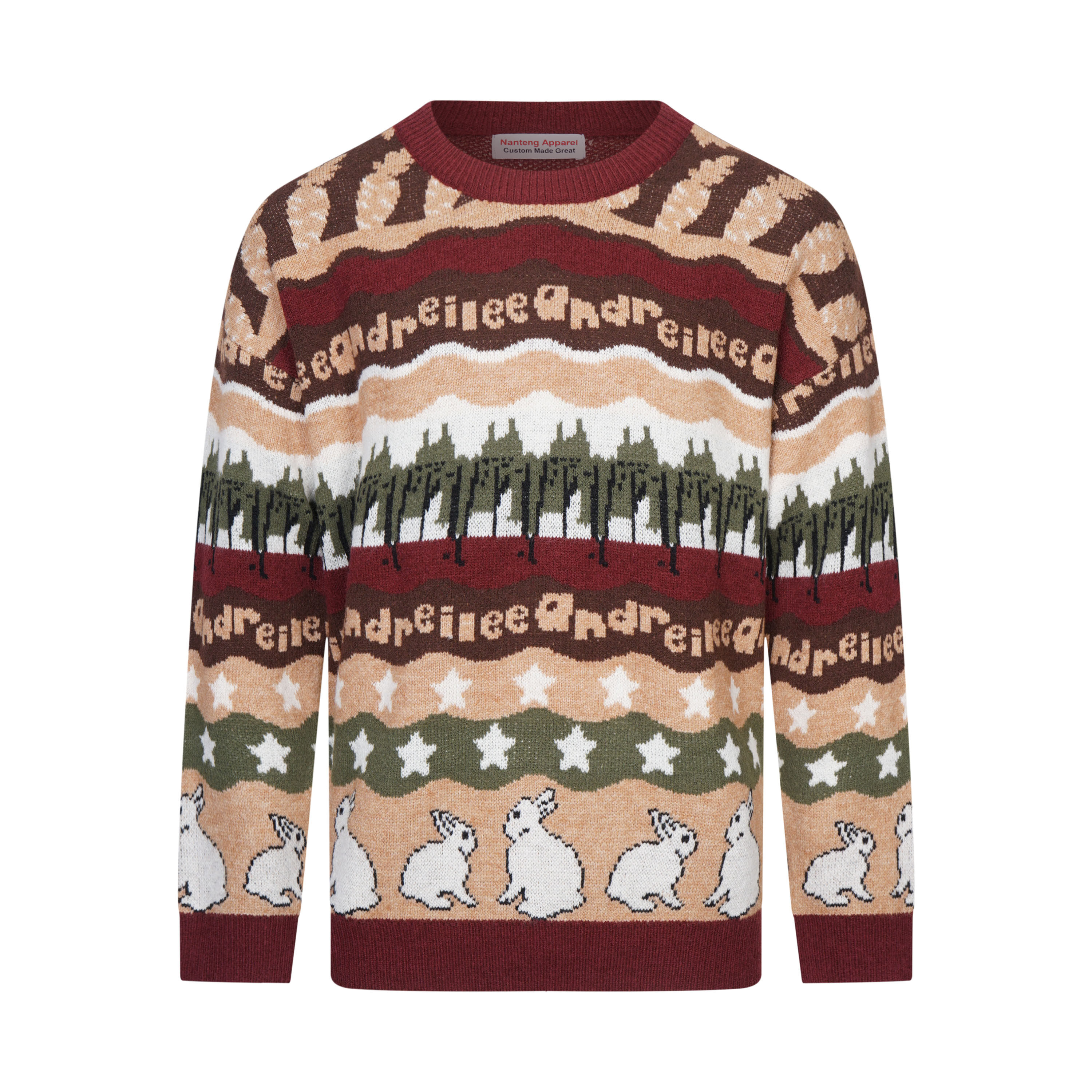 Nyankomne vestlige etniske vintage O-hals Rib Rabbit Star Tree Wavy Pattern Wool Blend Men Pullover Sweater