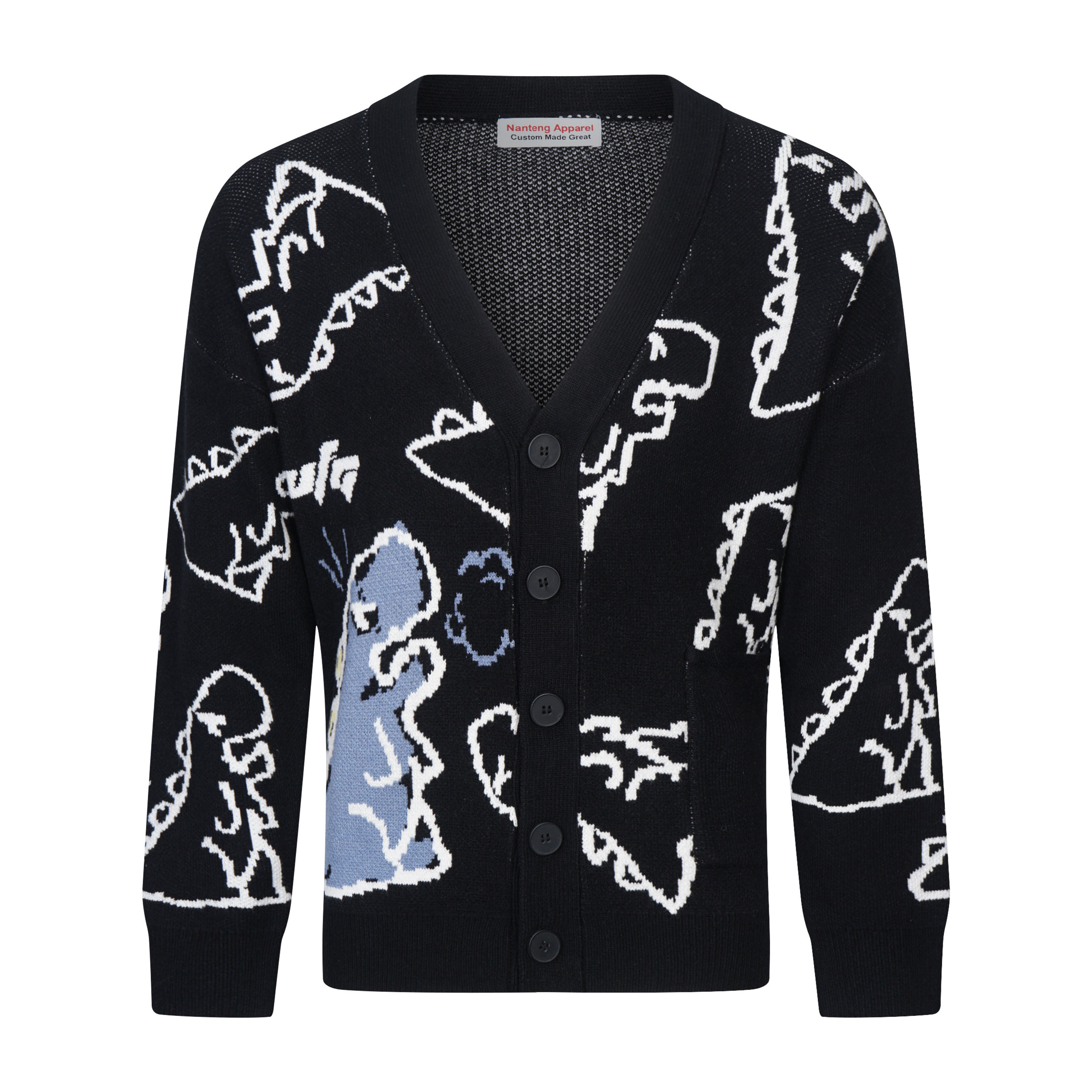 Custom Factory Fashion All-Match Narrow Long Sleeves Dinosaur Art Pattern Heavy Weight Fabric Men Cardigan Sweater