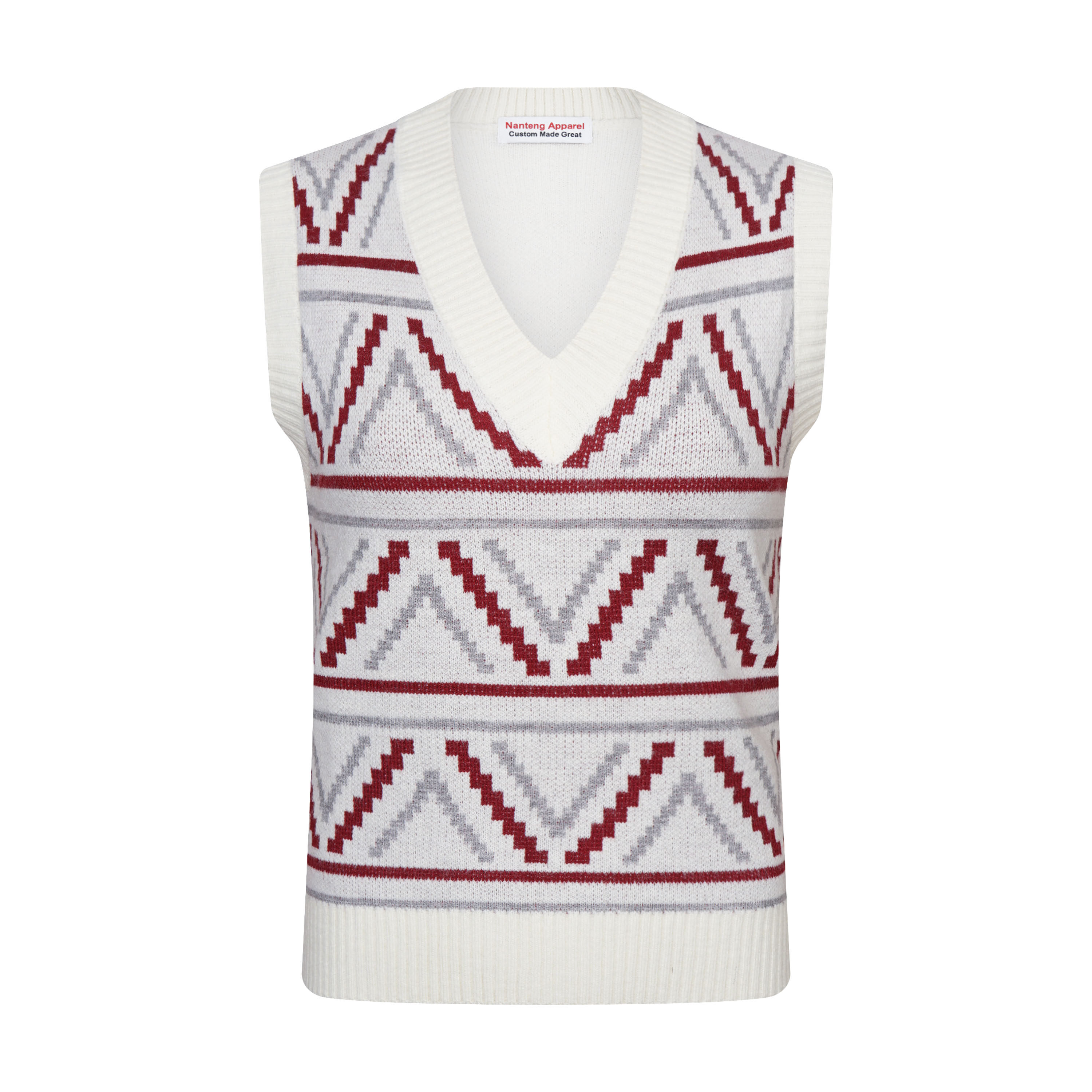 Custom Autumn Oversized Knit Commuter Outfit Big V-Neck Rib Geometric Zigzag Pattern Wool Women Vest Sweater