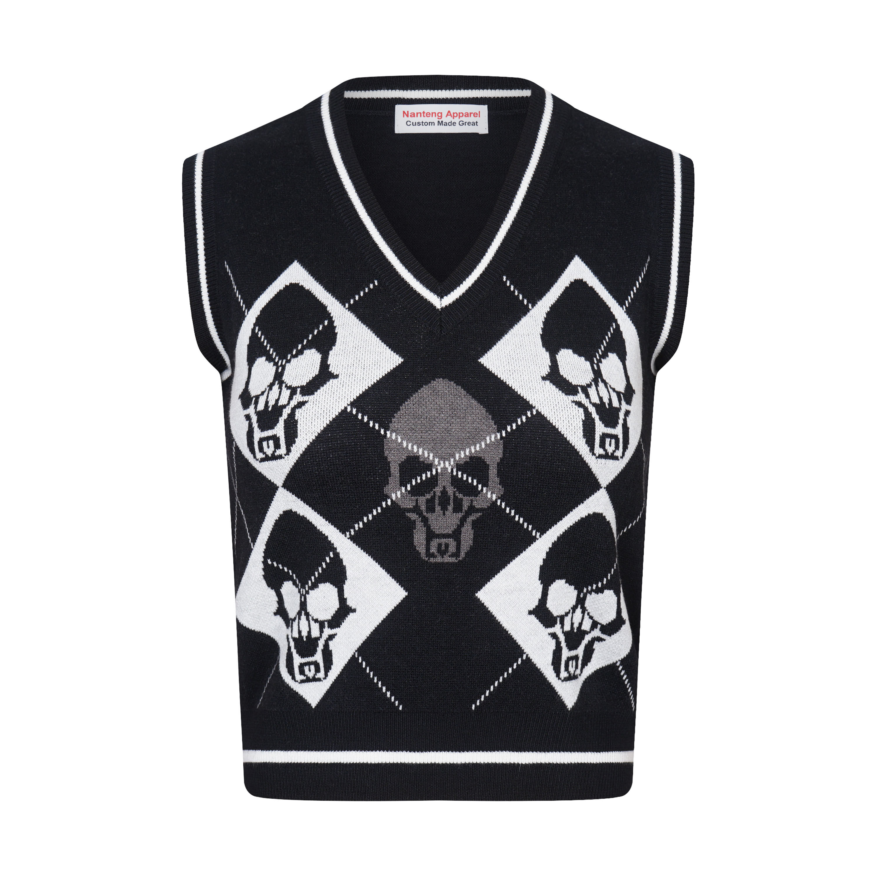 Custom High Quality Luxury Big V-Neck Rib Contrasting Lines Argyle Skull Motif Wool Blend Women Vest Sweater