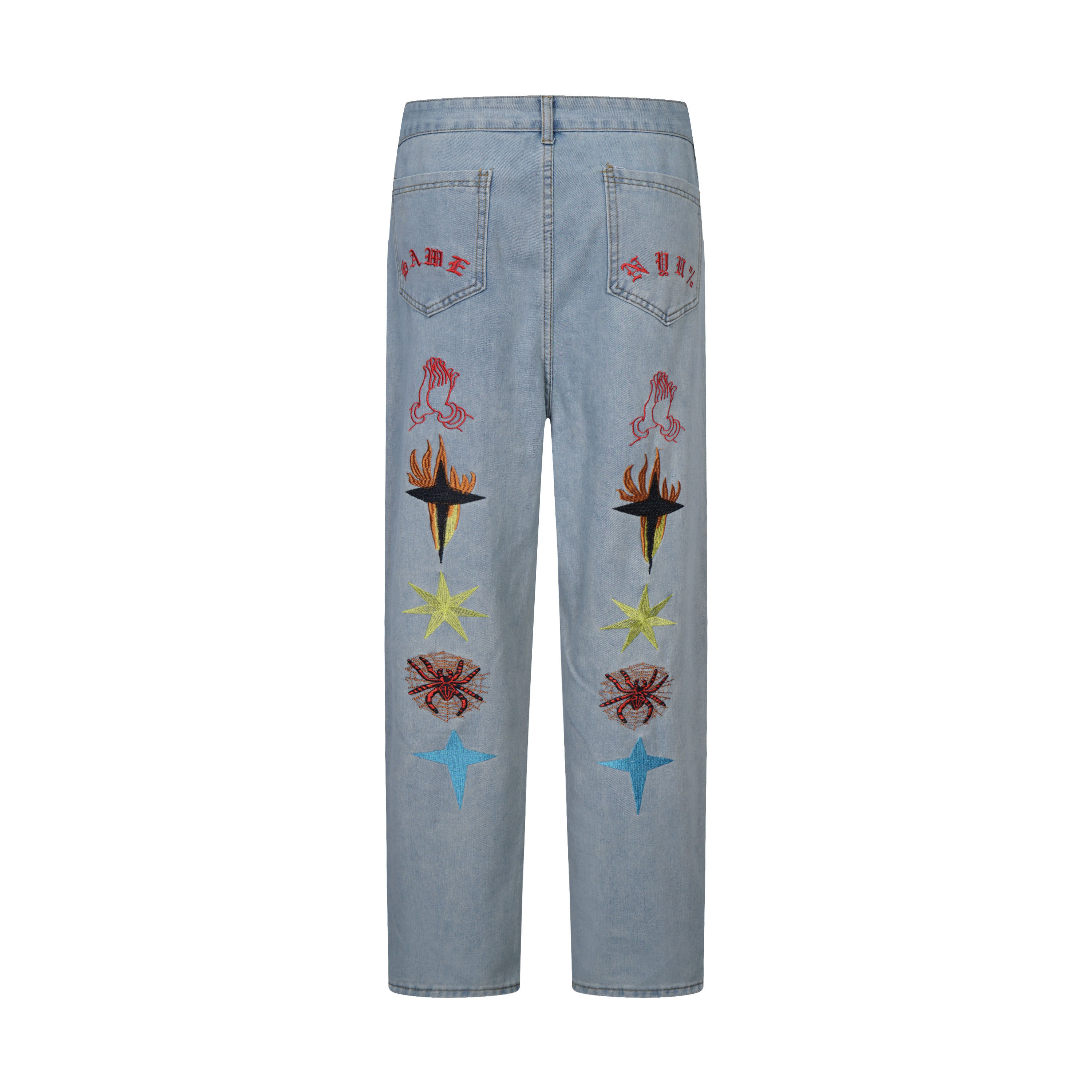 Custom Spring And Autumn Vintage Frayed Hip Pocket Letter Spider Pattern Embroidery Denim Women Pants