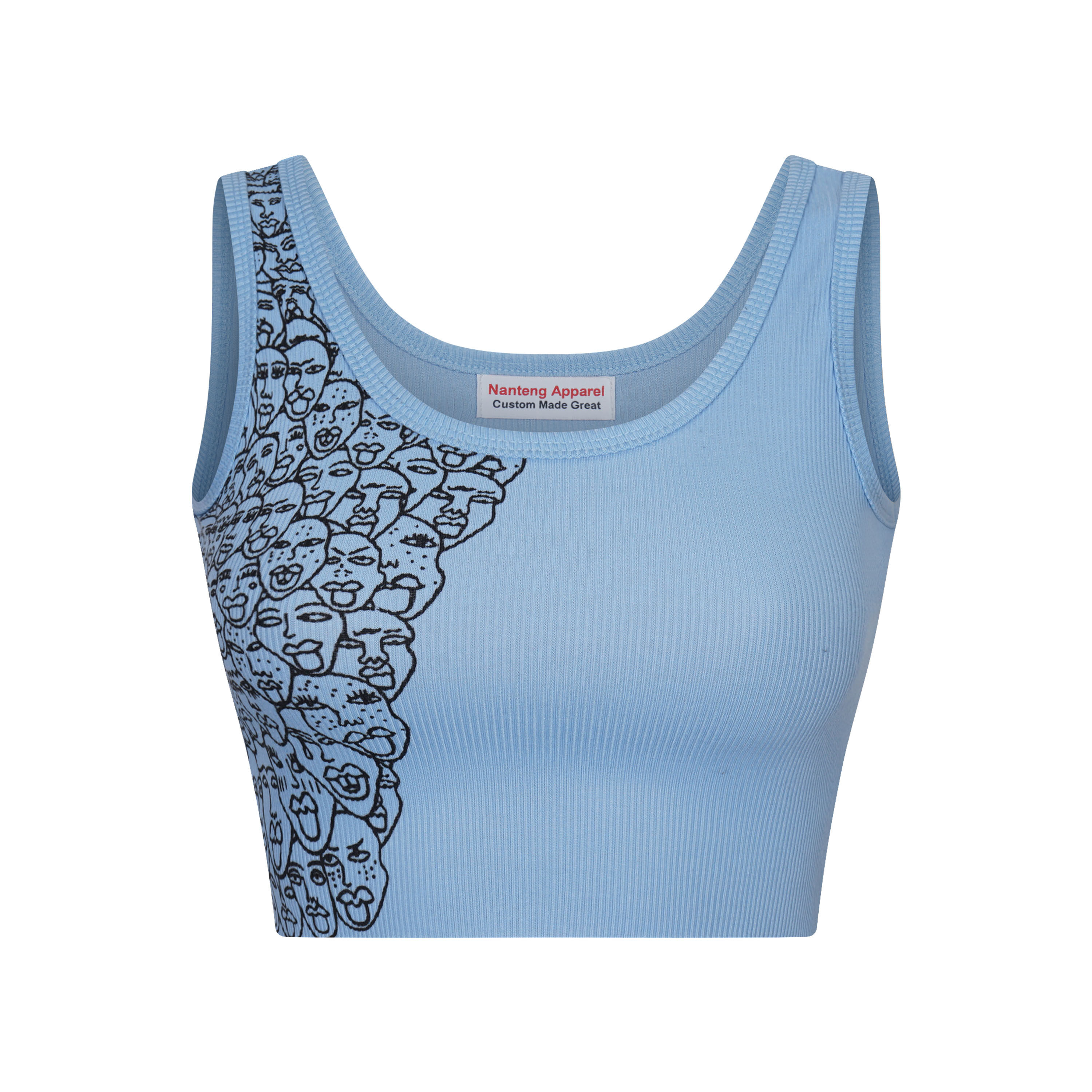 Custom Design Sweet Bare Midriff Cropped Sports Vest Funny Face Pattern Printing High Stretch Rib Knit Women Tank Tops