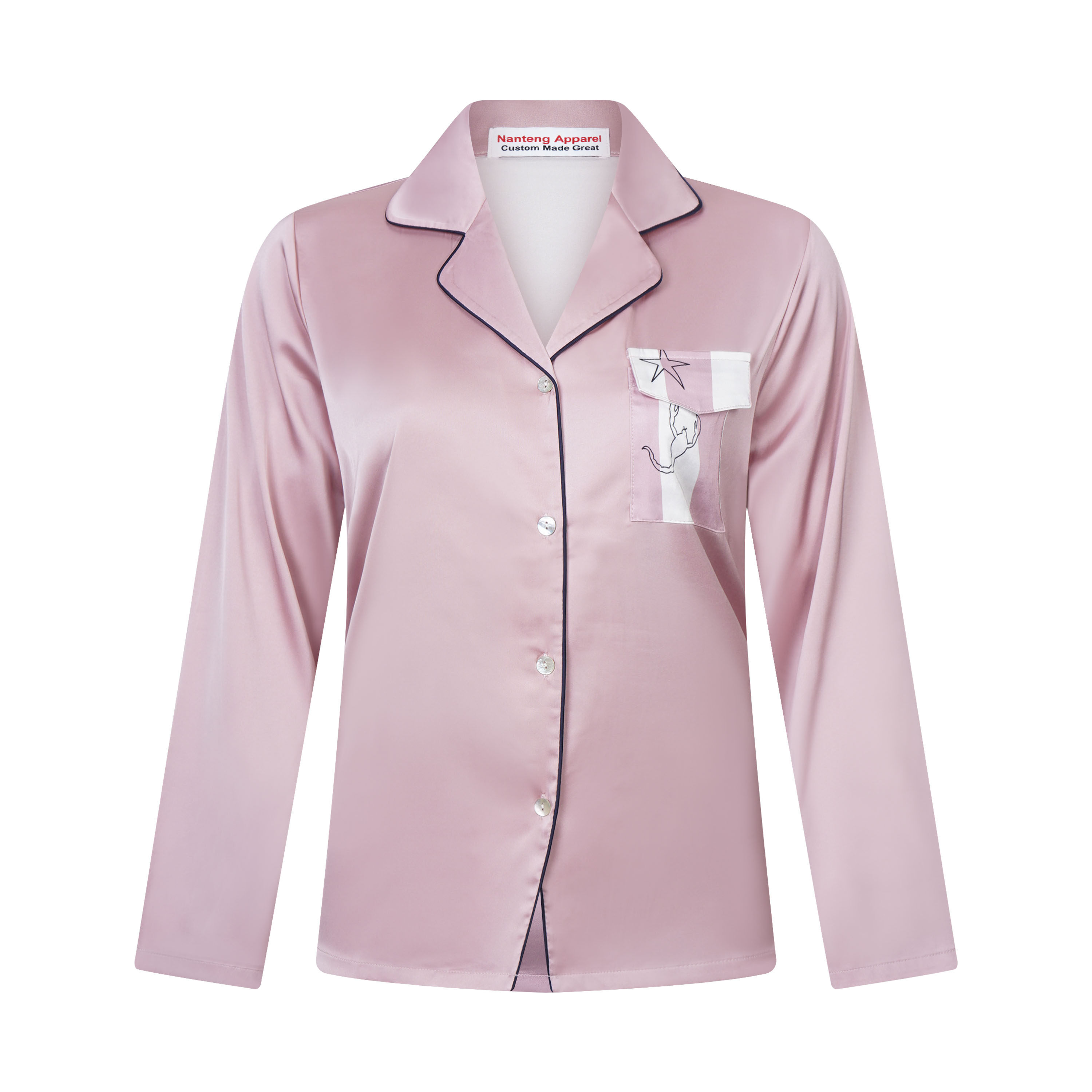 Custom Modest European Sleepwear Fold Up Collar Shirt And Straight Trousers Hand-Painted Soft Ice Silk Women Pajamas Set