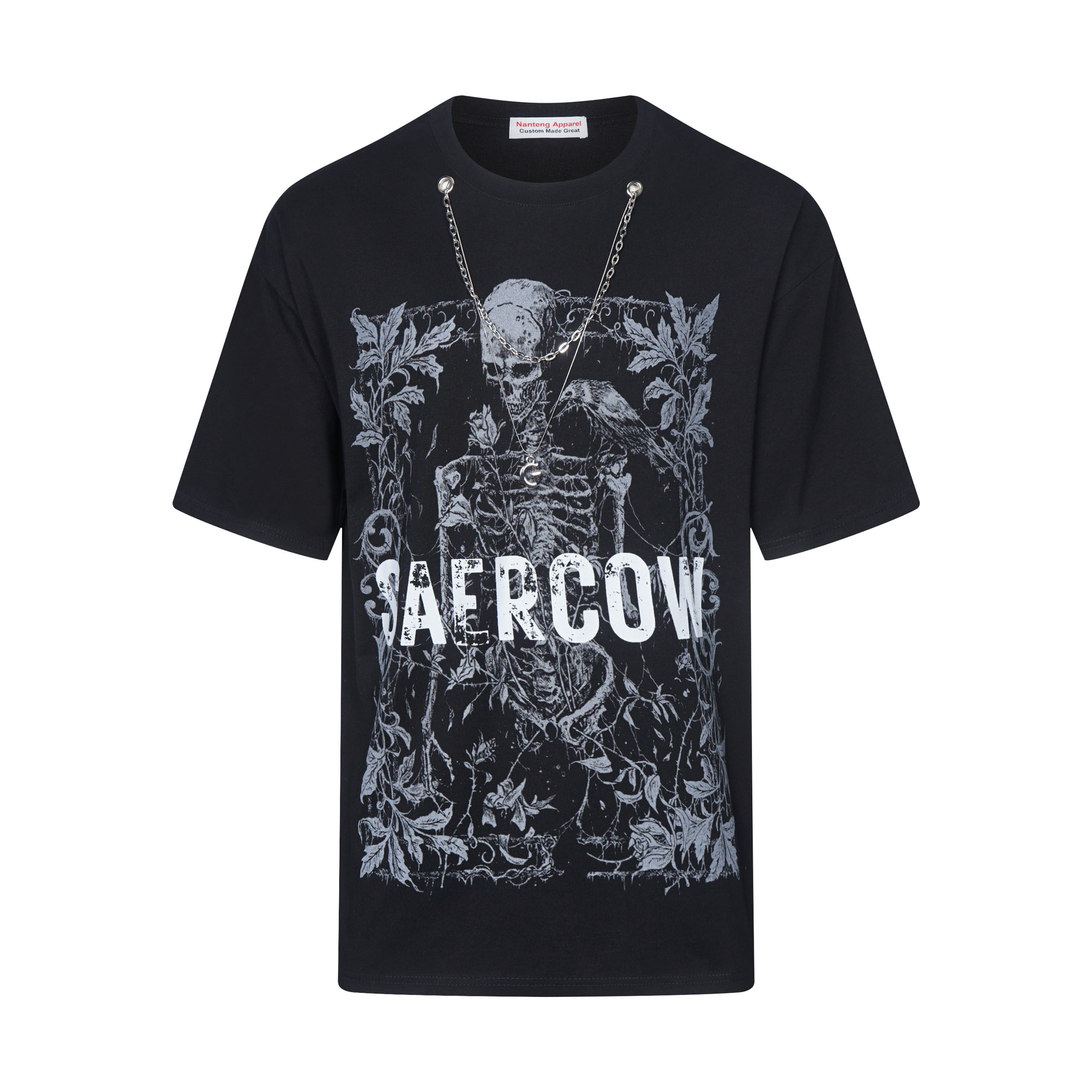 Custom Factory Summer Street Fashion Metal Chain Floral Rubber Print 100%Cotton Men T-Shirt