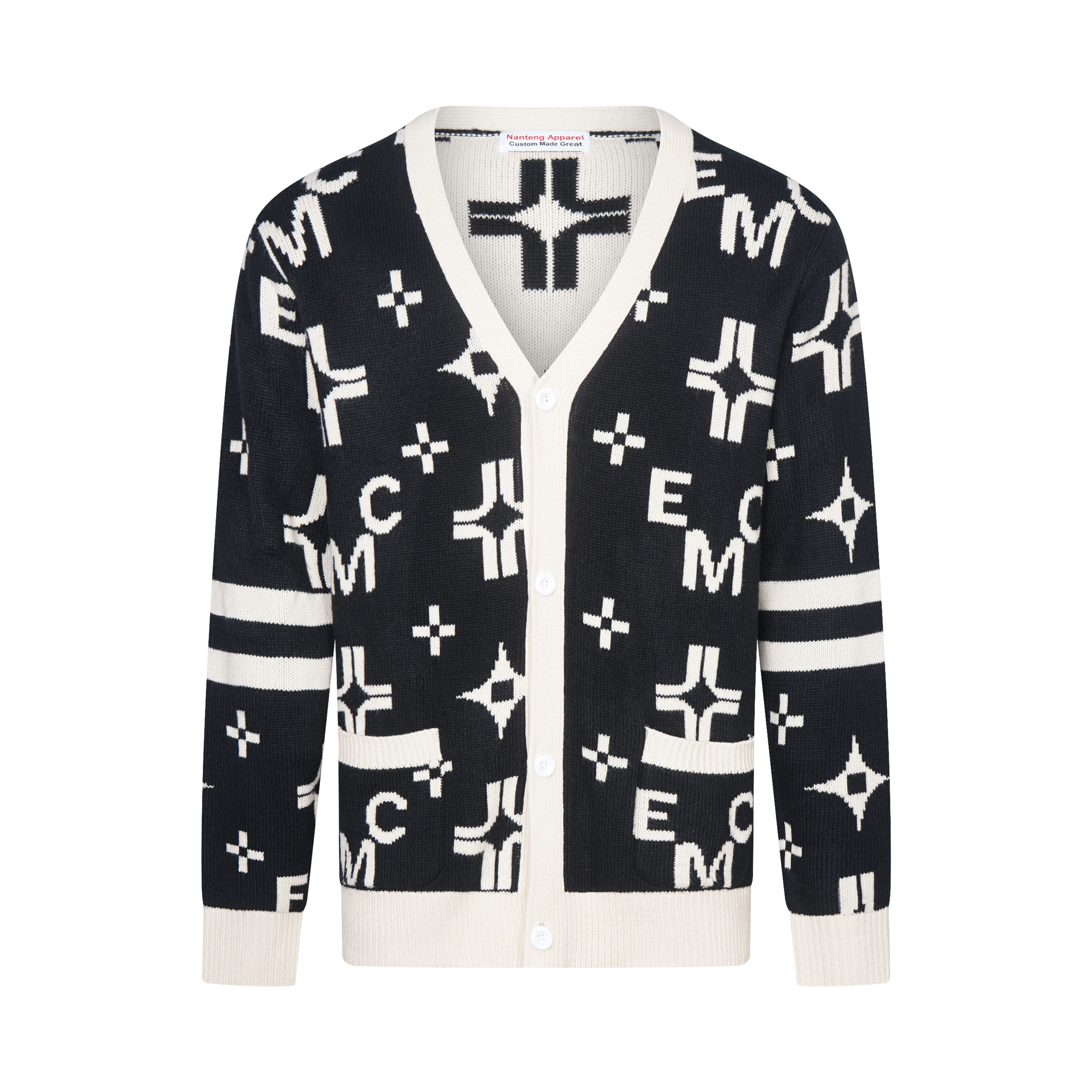 Custom Winter Western Rib Knit With Button Letter Logo Contrast Placket Men Cardigan Sweater