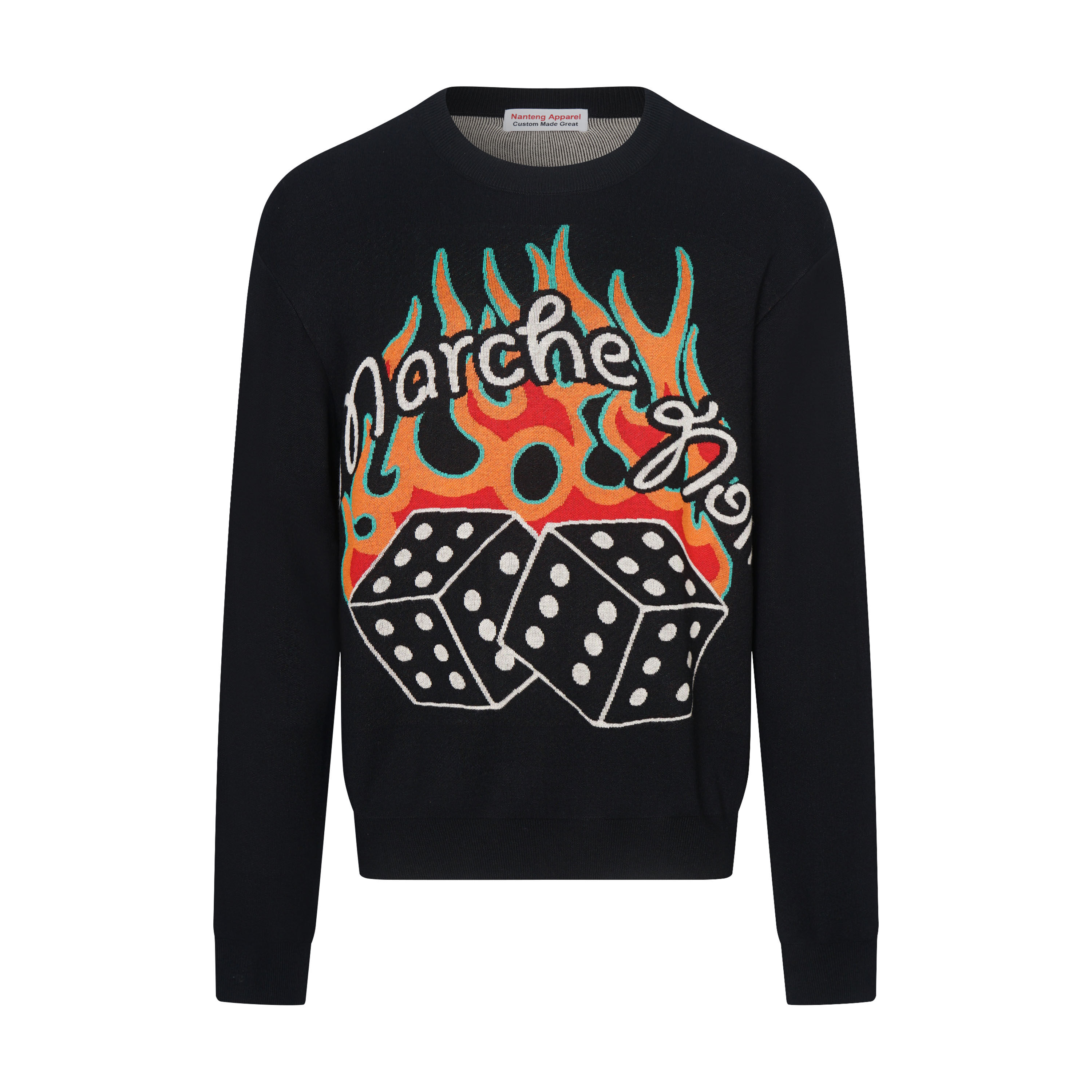 Custom Winter Luxury Knitwear O-Neck Narrow Sleeves Fire Flame Pattern Black Woollen Men Pullover Sweater