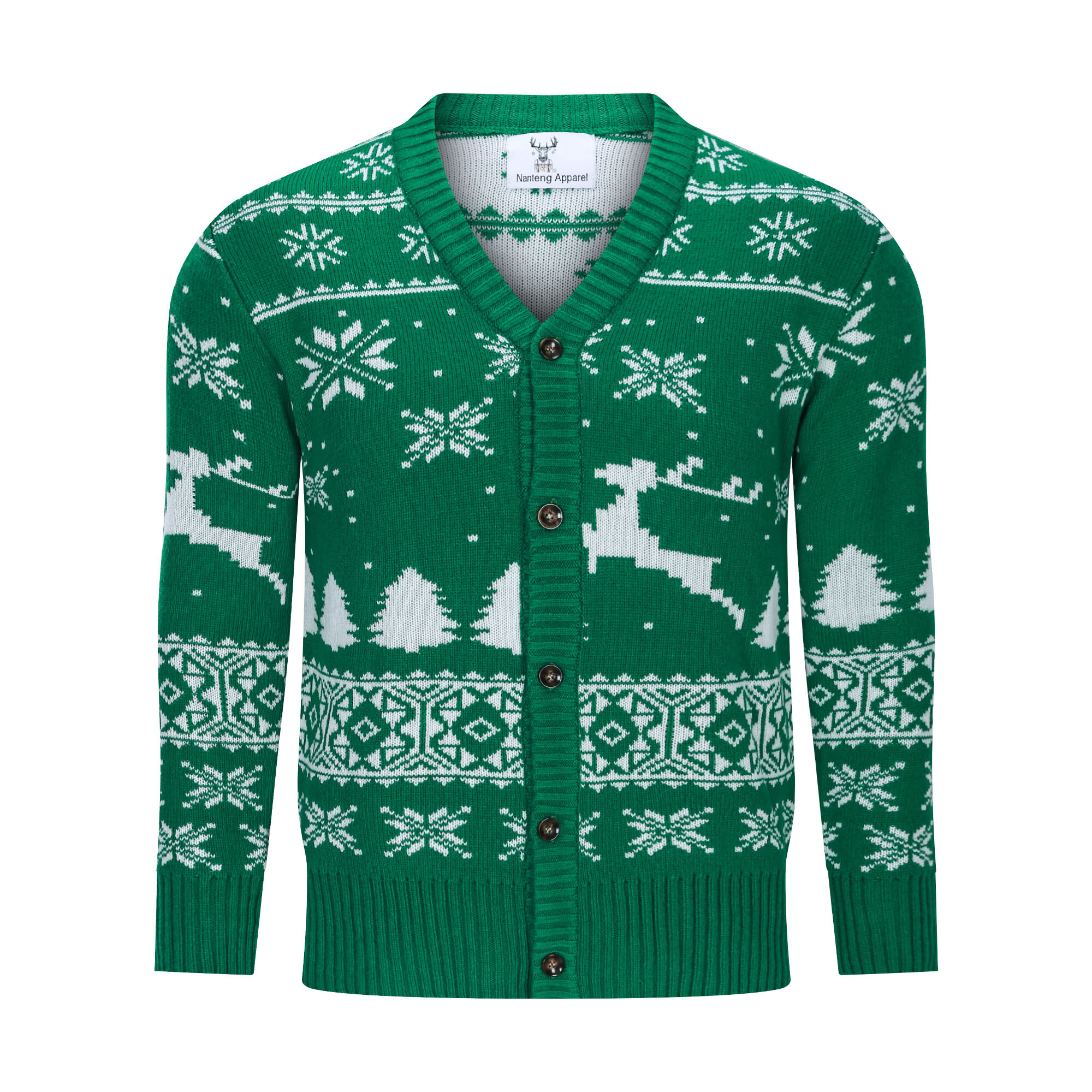 Custom Regular Sleeve Neutral Rib Knit Deer Wool Acrylic Men Cardigan Christmas Sweater