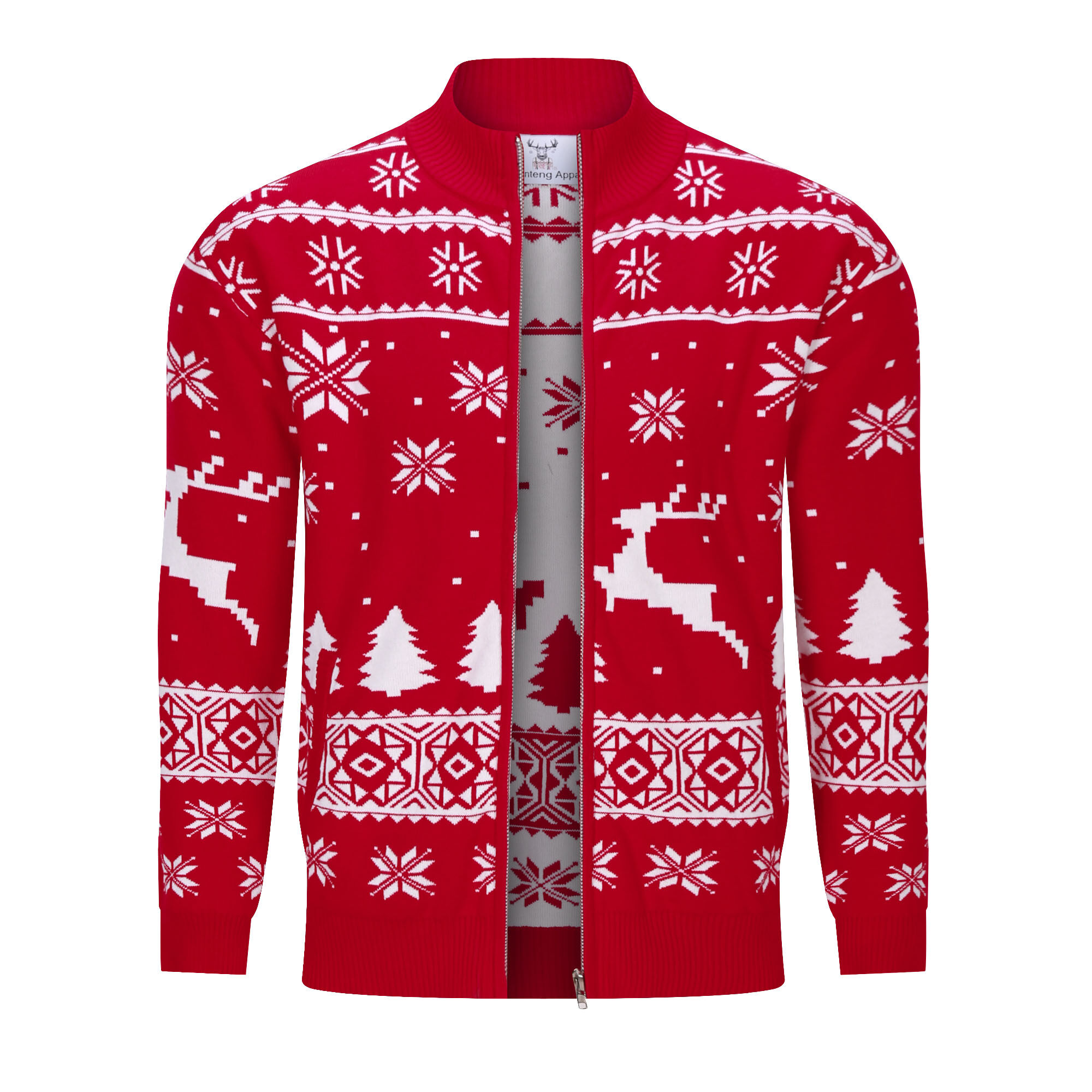 Custom Zipper Stand Collar Animal Christmas-Tree Pattern Wool Cotton Men Cardigan Christmas Sweater