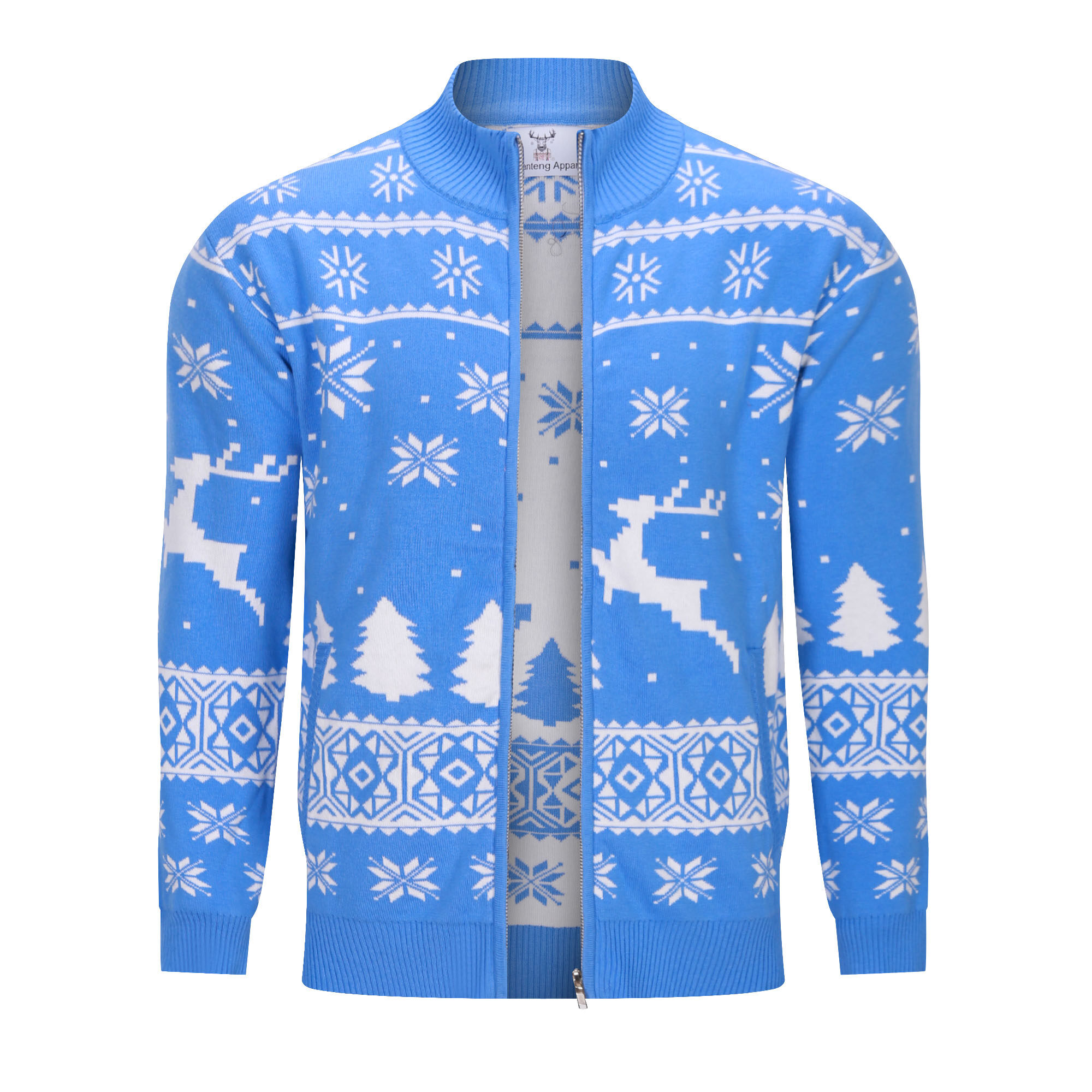 Custom Knitted Rib Collar Wreath Jacquard 100% Cotton Men Cardigan Christmas Sweater