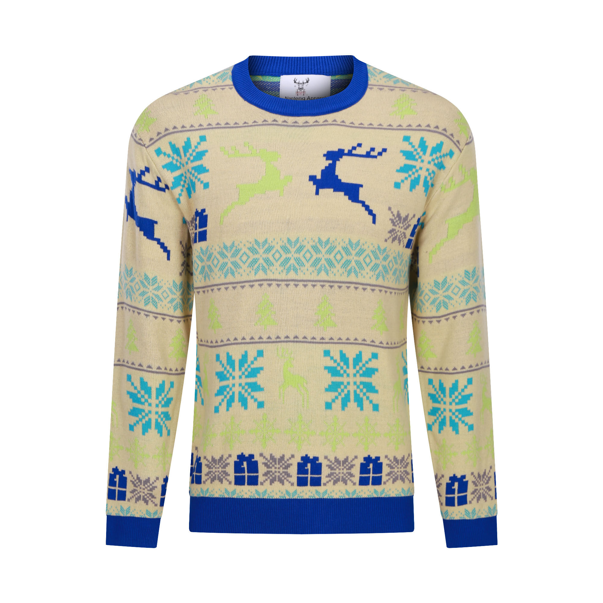 Custom  Contrast Color Digital Printing Jacquard Rib 100%Woollen Men Pullover Christmas Sweater
