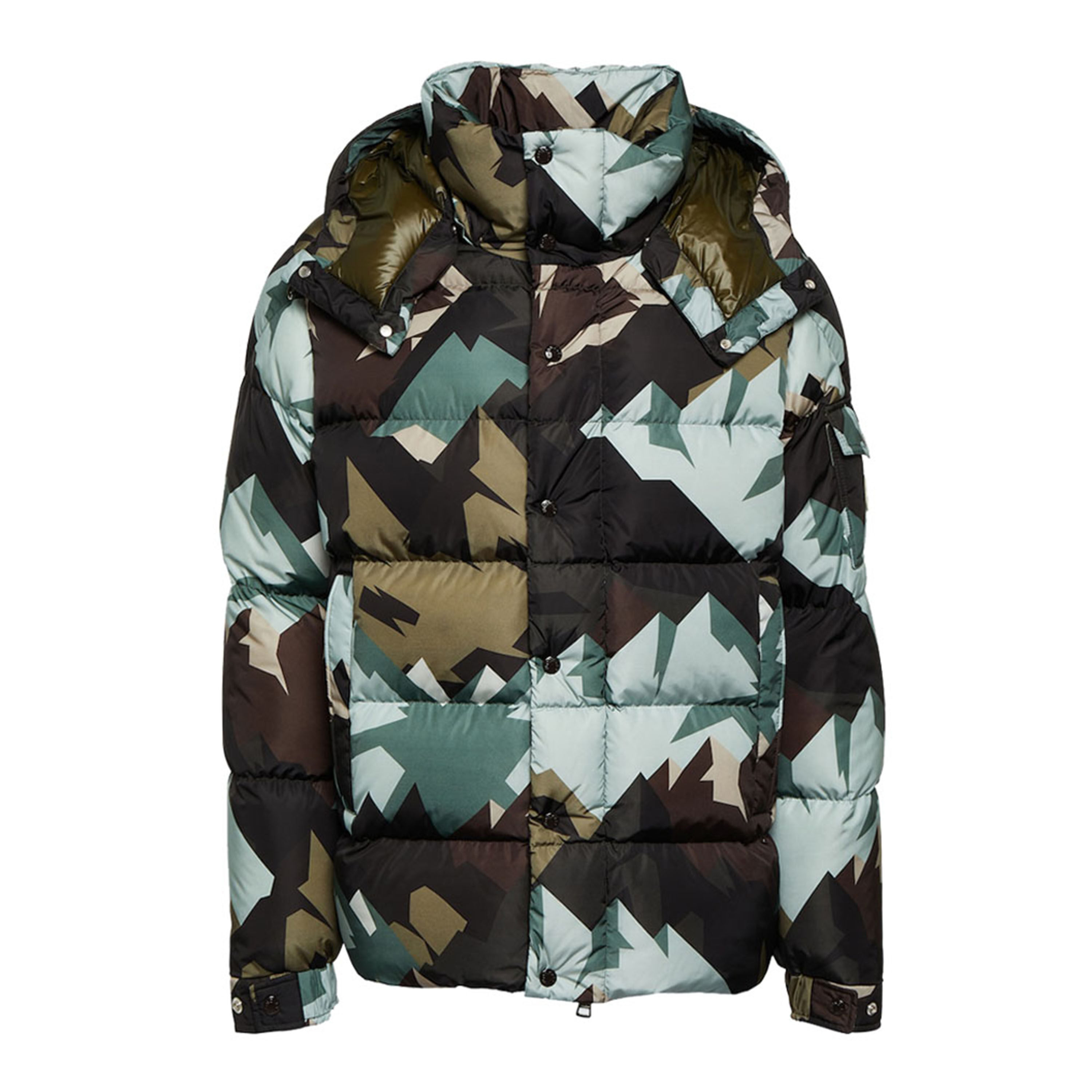 Custom 100% Polyester 80% Duck Down Mountain Landscape Abstract Pattern Snap Zipper Hat Men Puffer Jacket
