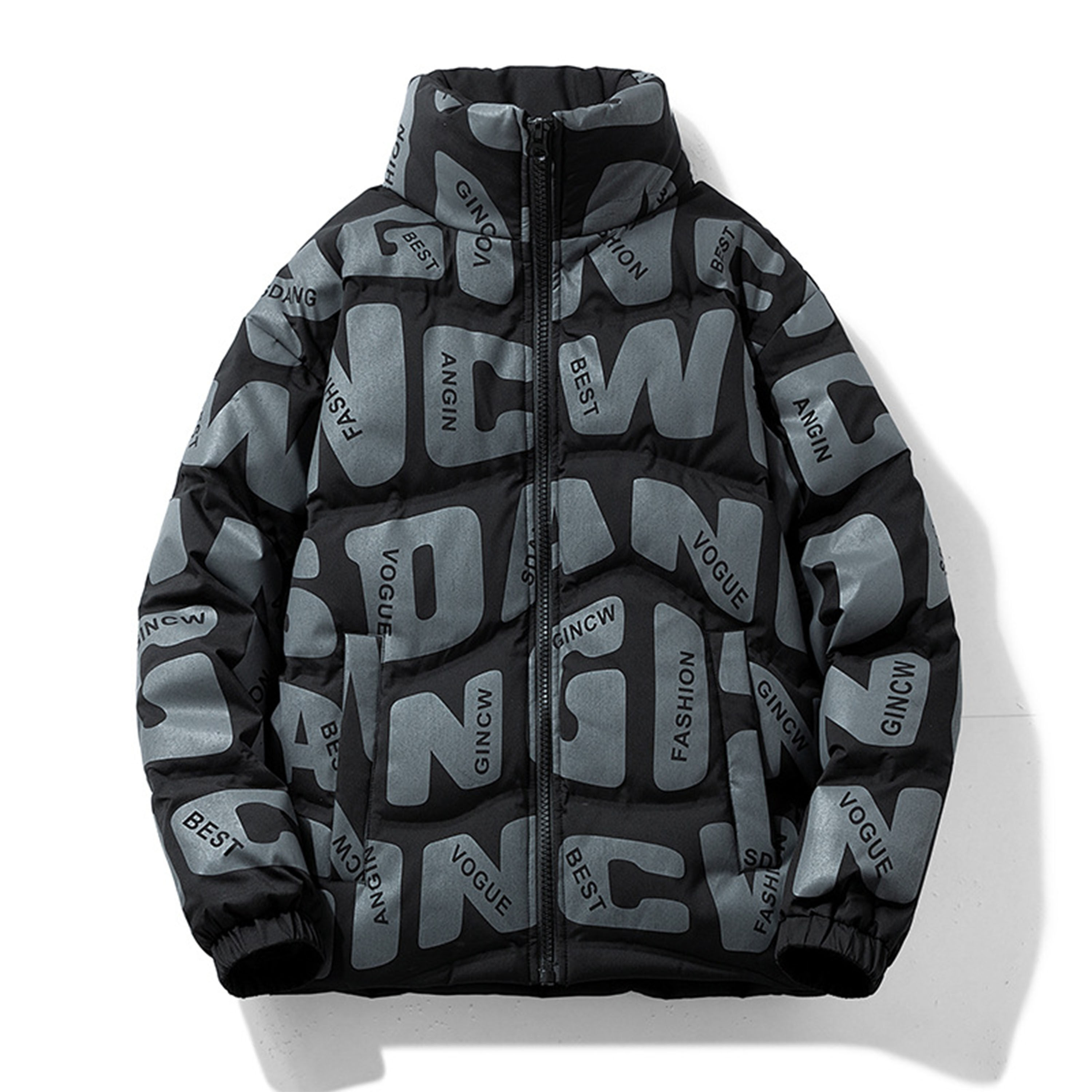 Custom 100% Polyester 80% Duck Down Filling Resistant To Cold Letter Print Zipper Stand Collar Men Puffer Jacket