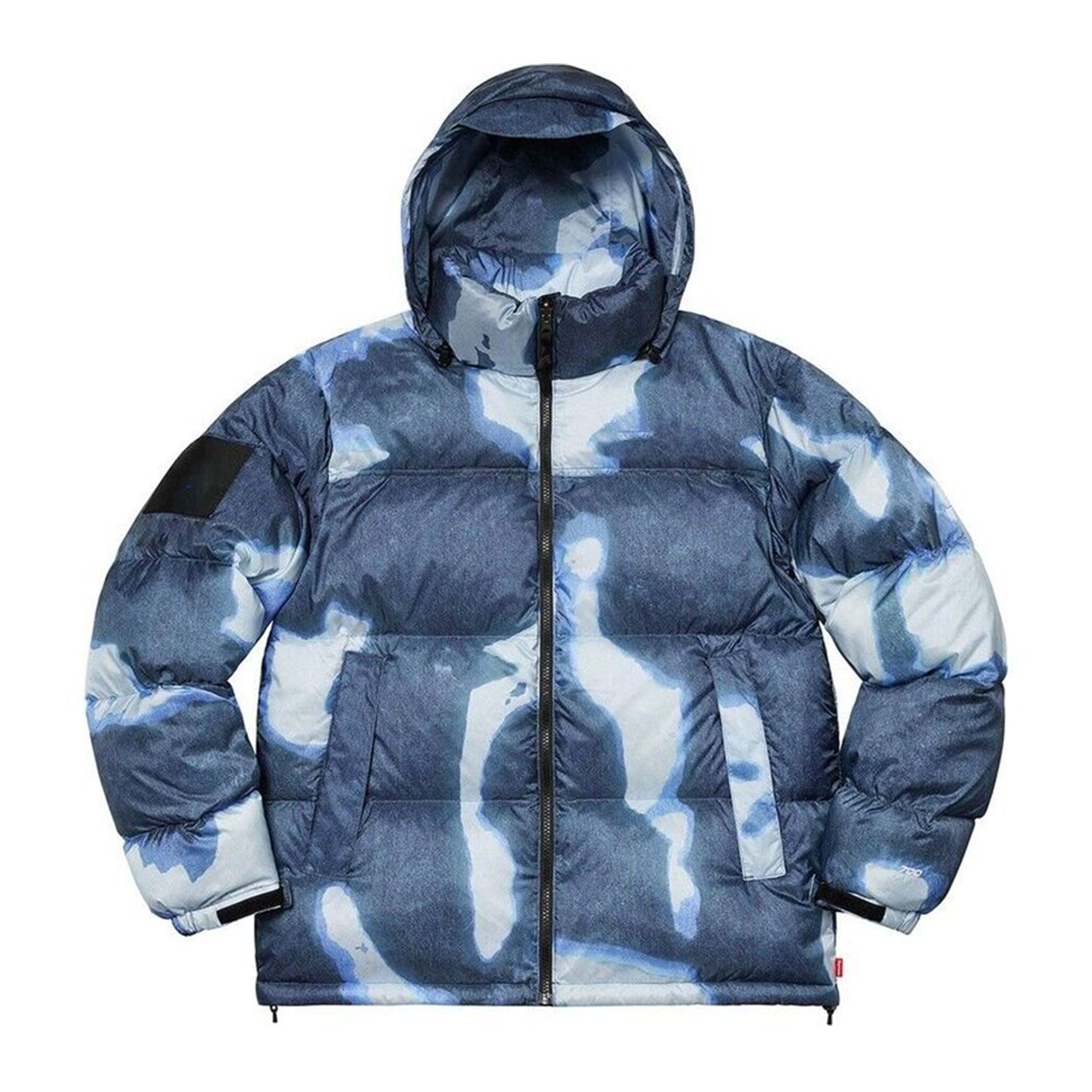 Custom Factory 100% Polyester 80% Duck Down Filling Denim Print Zipped High Collar Hooded Men Puffer Jacket