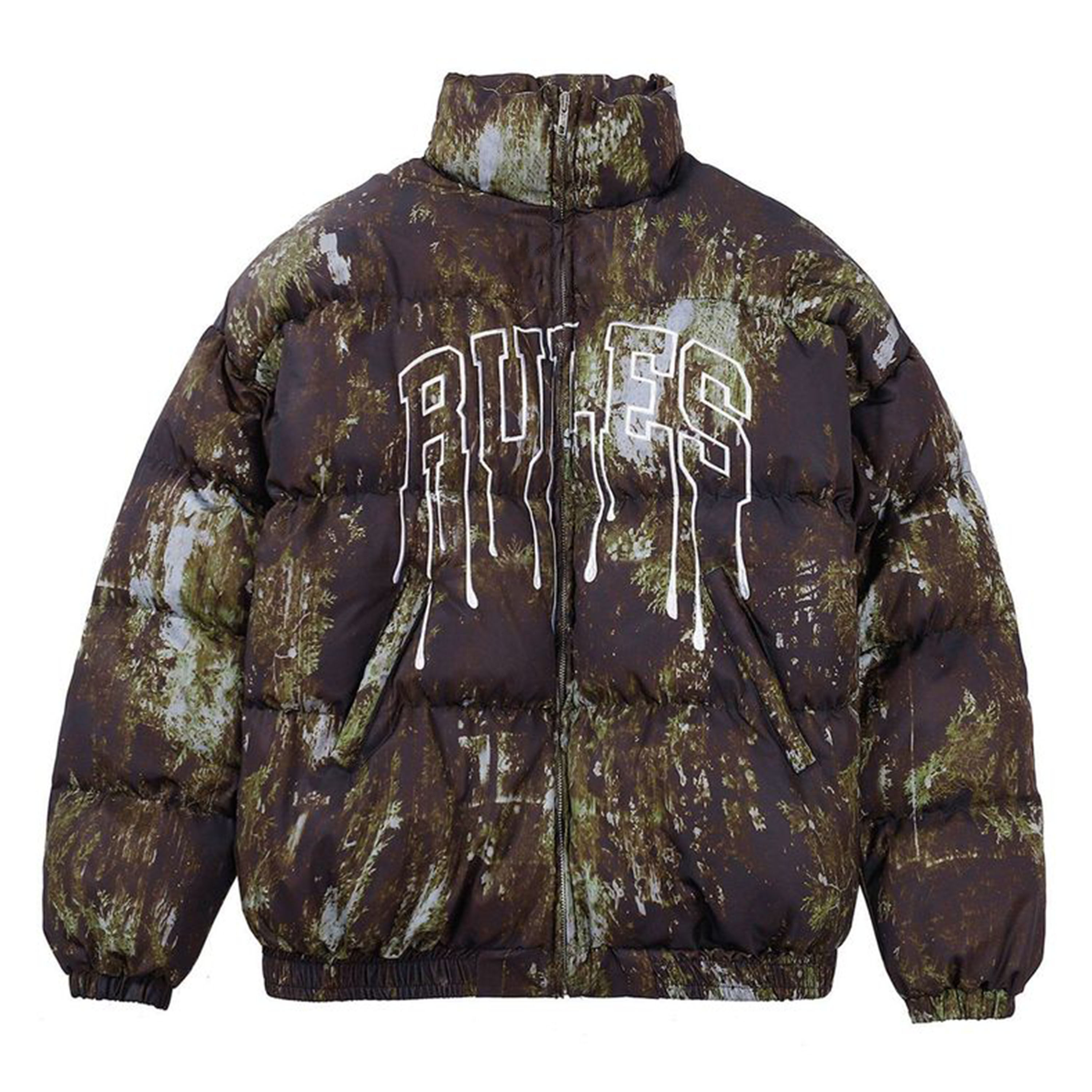 Custom 100% Polyester 80% Duck Down Filling All-Over Distressed Letter Print Zippered Stand Collar Men Puffer Jacket