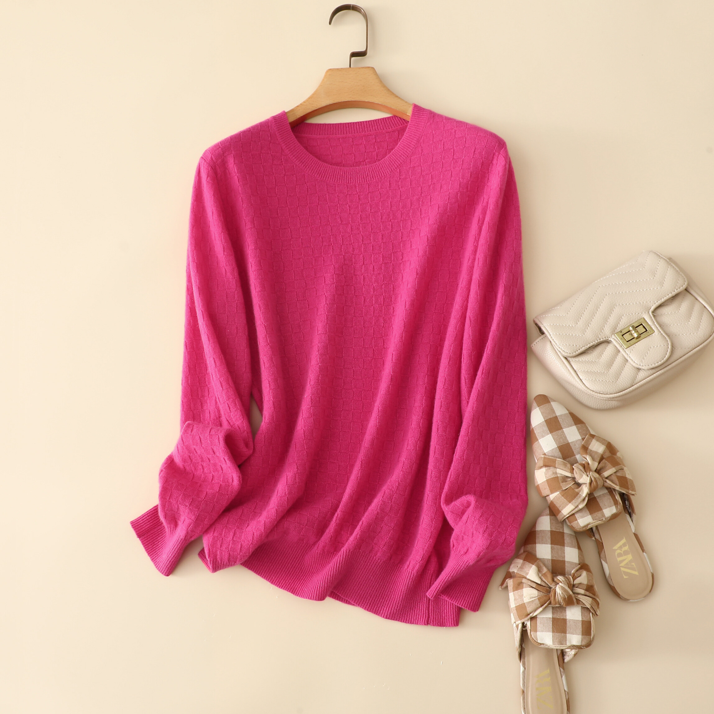 Solid Round Neck Knitted Rib Cashmere, Long Sleeve Cashmere, Women Pullover, Cashmere Sweater