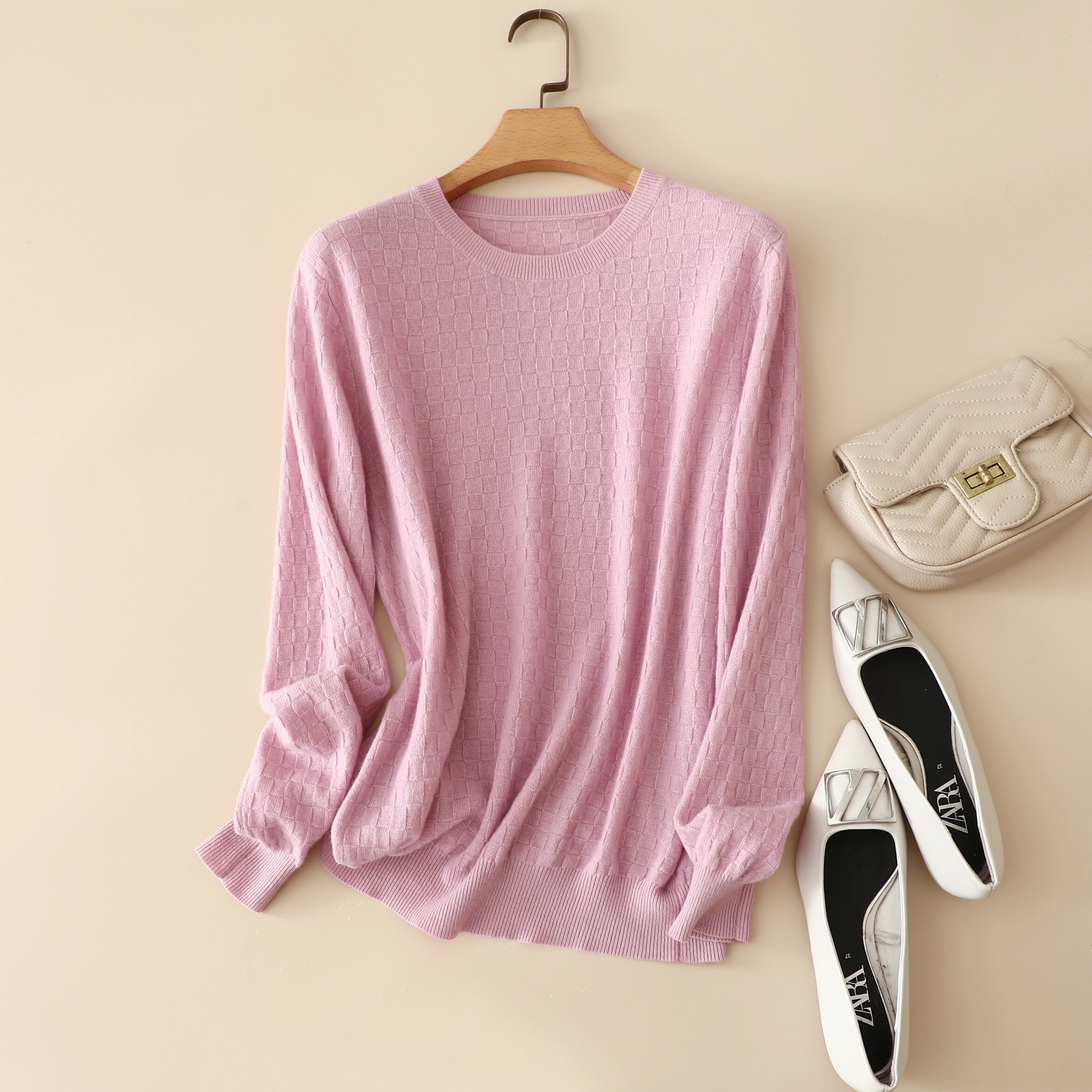 Solid Round Neck Knitted Rib Cashmere, Long Sleeve Cashmere, Women Pullover, Cashmere Sweater