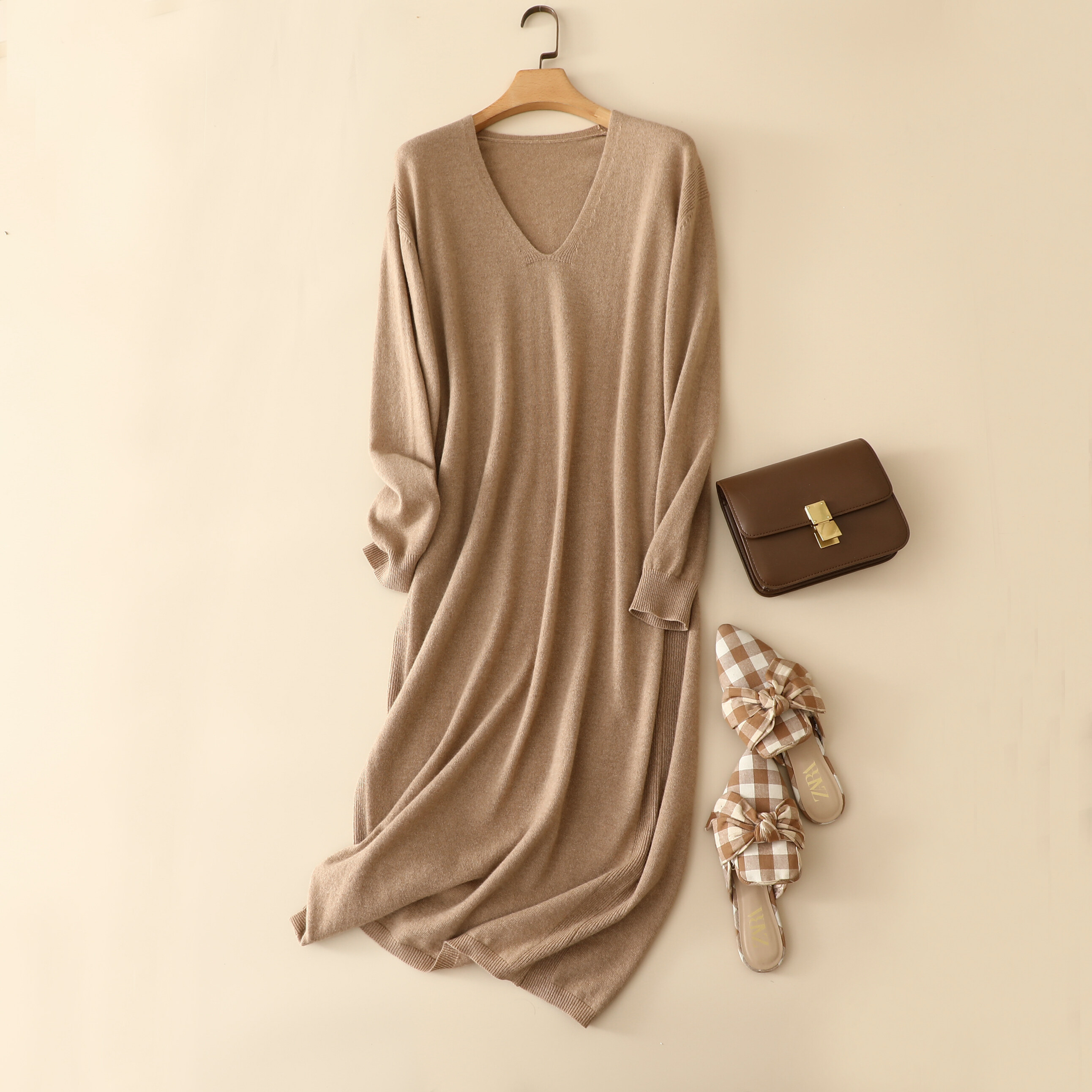 Nanteng New Stock 12GG V-Neck Loose Long Sleeve Women Jersey Dress 100% Cashmere Sweater