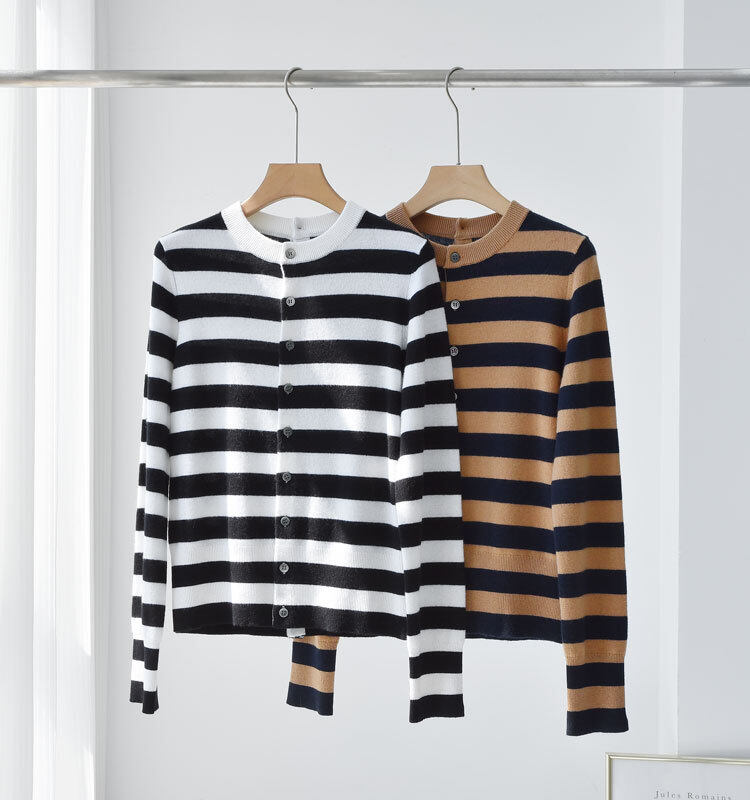 Nanteng New Stock 12GG Striped Spliced Knit Long Sleeve Women Button Cardigan 100% Cashmere Sweater